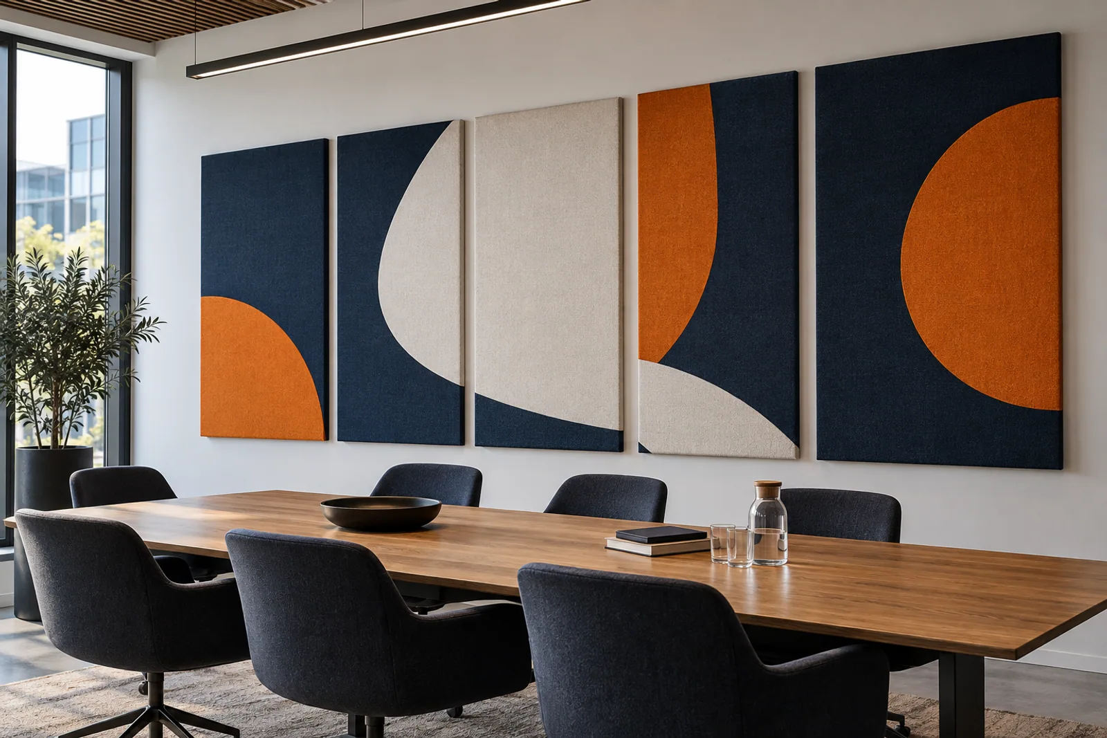 Konzeptvisualisierung: Mehrteilige textile Akustikbilder mit geometrischer Gestaltung in einem Besprechungsraum.