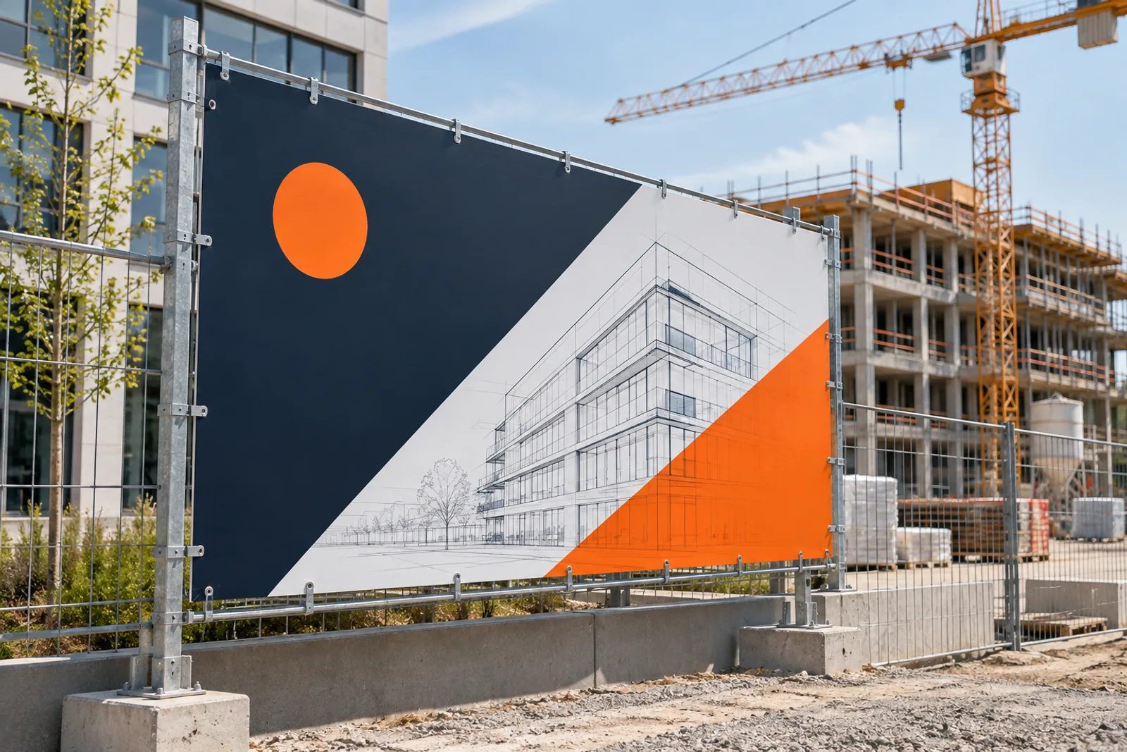 Konzeptvisualisierung: Großes befestigtes Bauschild mit abstraktem Architekturmotiv vor einer Baustelle.