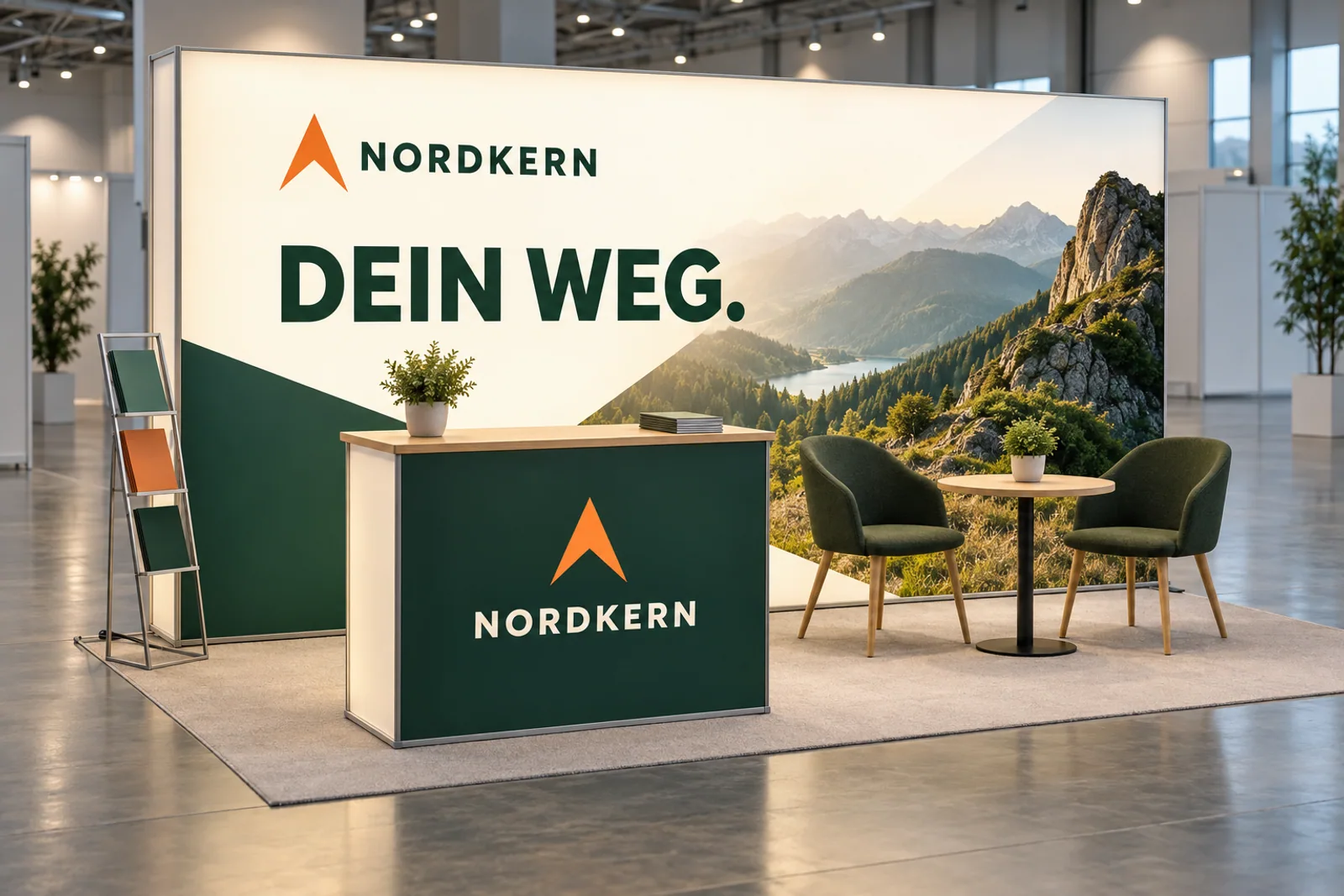 Recruitingstand NORDKERN mit hinterleuchteter Textilrückwand, der großen Botschaft „DEIN WEG.“, einer grünen Beratungstheke und zwei Sesseln in einer Messehalle.