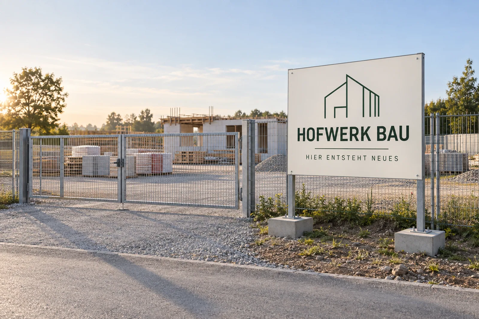 Baustelleneingang mit großem weißem Projektschild „HOFWERK BAU“, grünem Gebäudesignet und der Zeile „HIER ENTSTEHT NEUES“ neben einem geschlossenen Bauzauntor.
