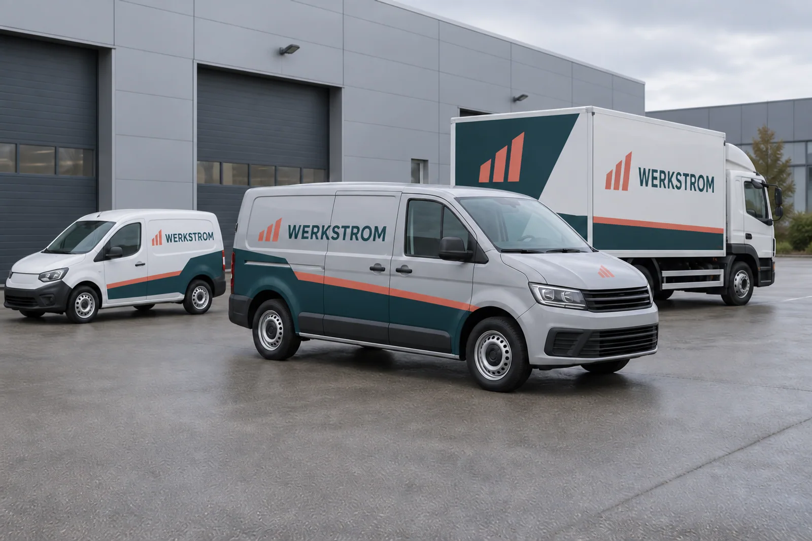 Drei unterschiedlich große weiße Nutzfahrzeuge mit einheitlicher petrol- und korallfarbener WERKSTROM-Beschriftung vor einer grauen Gewerbehalle.
