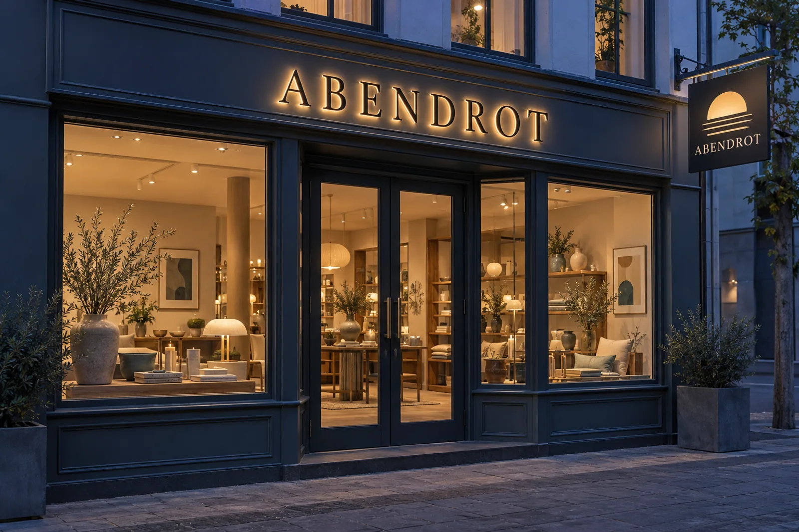 Dunkelblaue Ladenfront ABENDROT in der Abenddämmerung mit warm hinterleuchteten Profilbuchstaben und einem seitlichen Schild mit Sonnensignet.