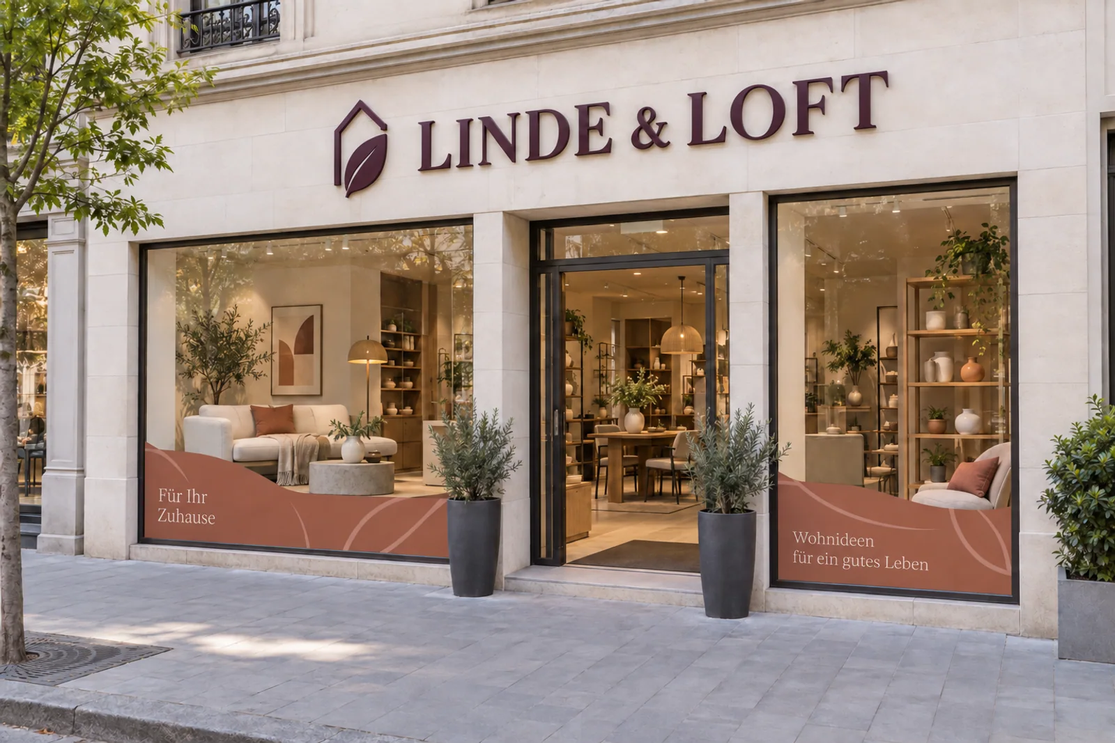 Ladenfront „LINDE & LOFT“ mit auberginefarbenen Profilbuchstaben, Blatt- und Haussignet sowie terrakottafarbener Schaufensterbeschriftung für Wohnaccessoires.