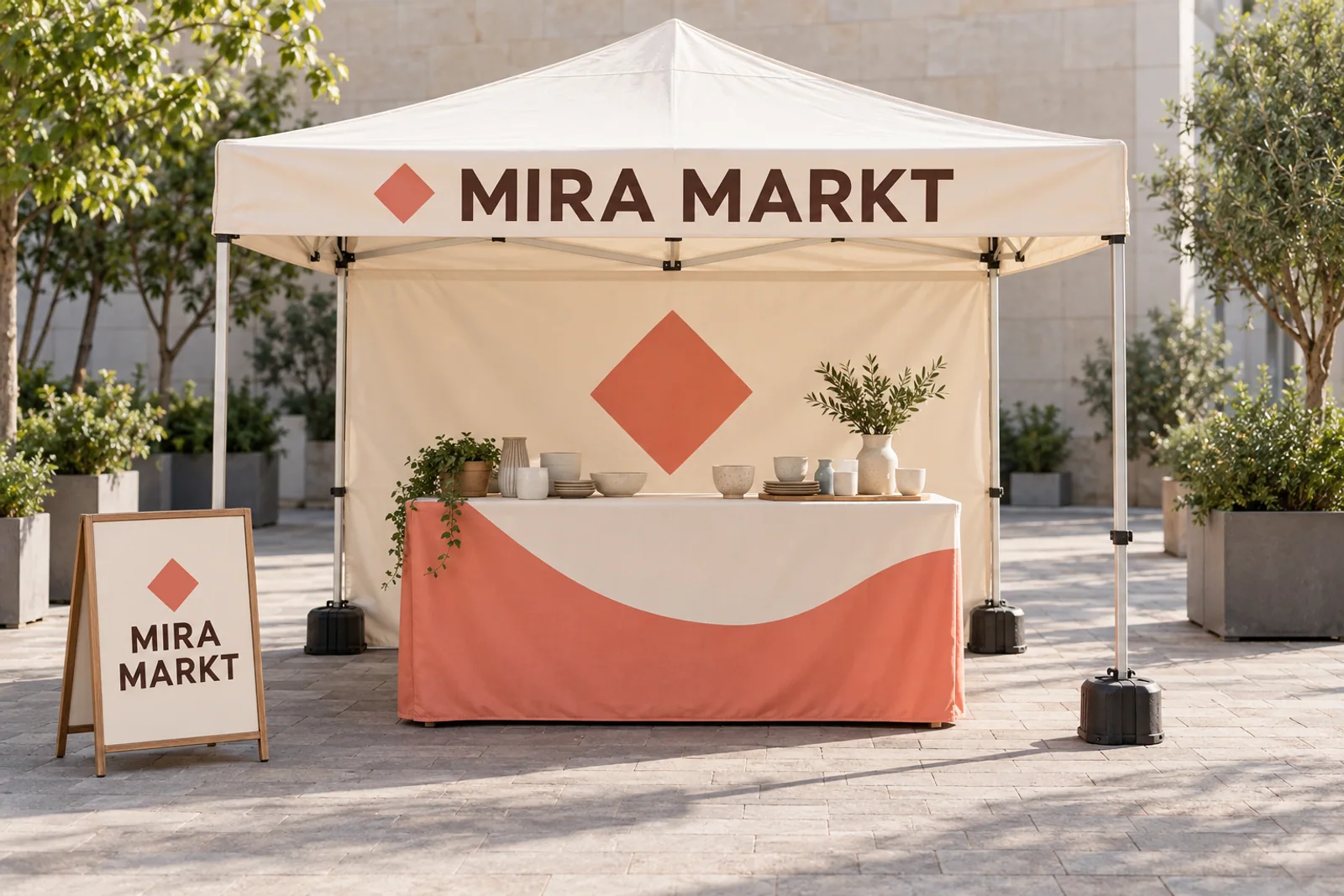 Cremefarbener Faltpavillon MIRA MARKT mit korallfarbenem Rautenlogo, bedruckter Thekenfront, Keramikprodukten und passendem Aufsteller auf einem gepflasterten Platz.