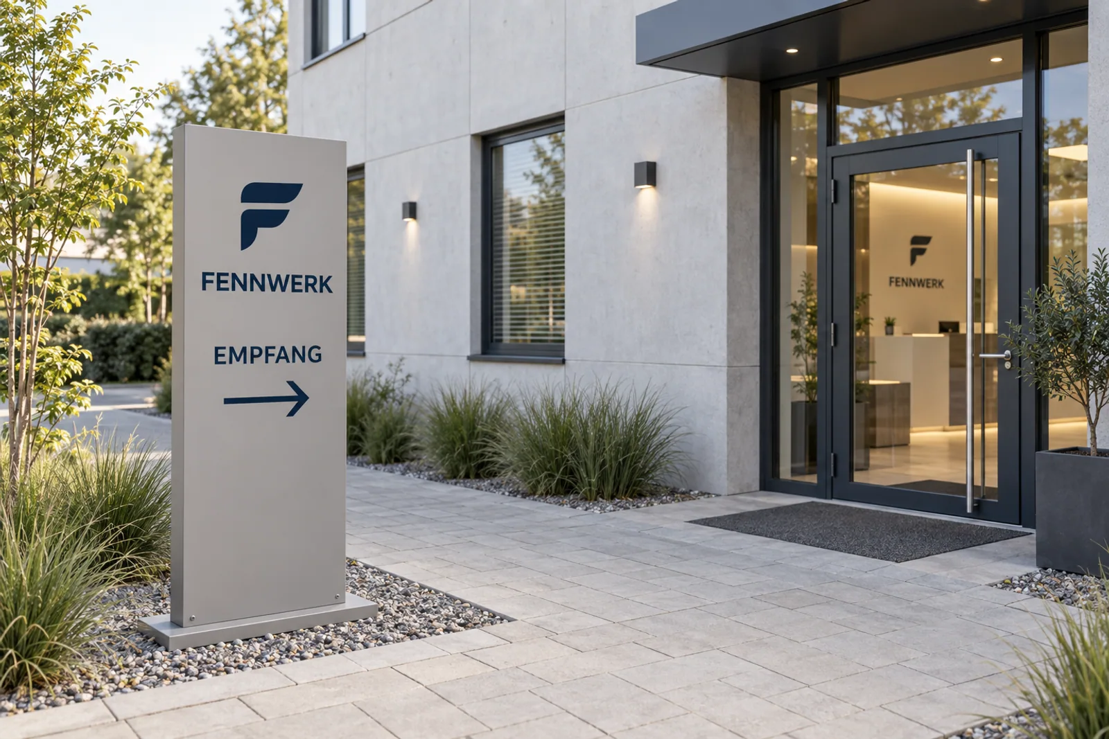 Graue FENNWERK-Stele mit dunkelblauem F-Signet, der Aufschrift „EMPFANG“ und einem Pfeil zum verglasten Eingang neben einem bepflanzten Kundenweg.