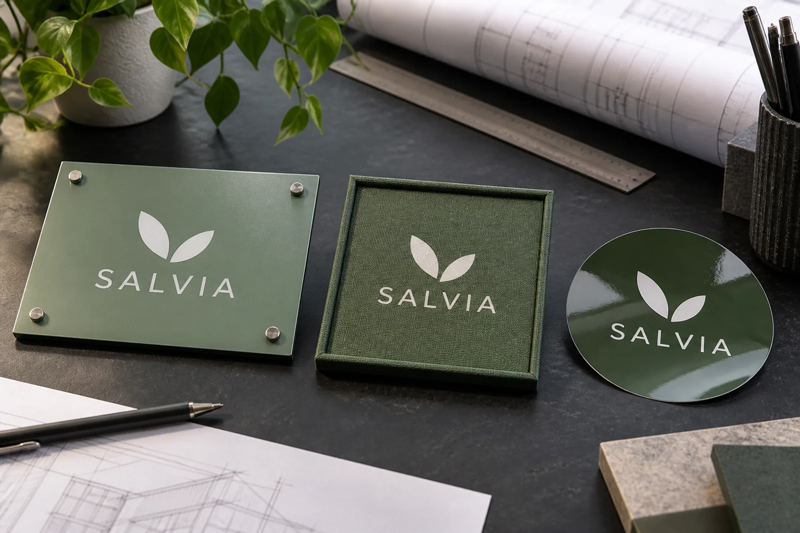 Salbeigrüne Metallplatte, textiles Markenelement und glänzender Aufkleber mit SALVIA-Schriftzug und Blattlogo auf einem dunklen Tisch.