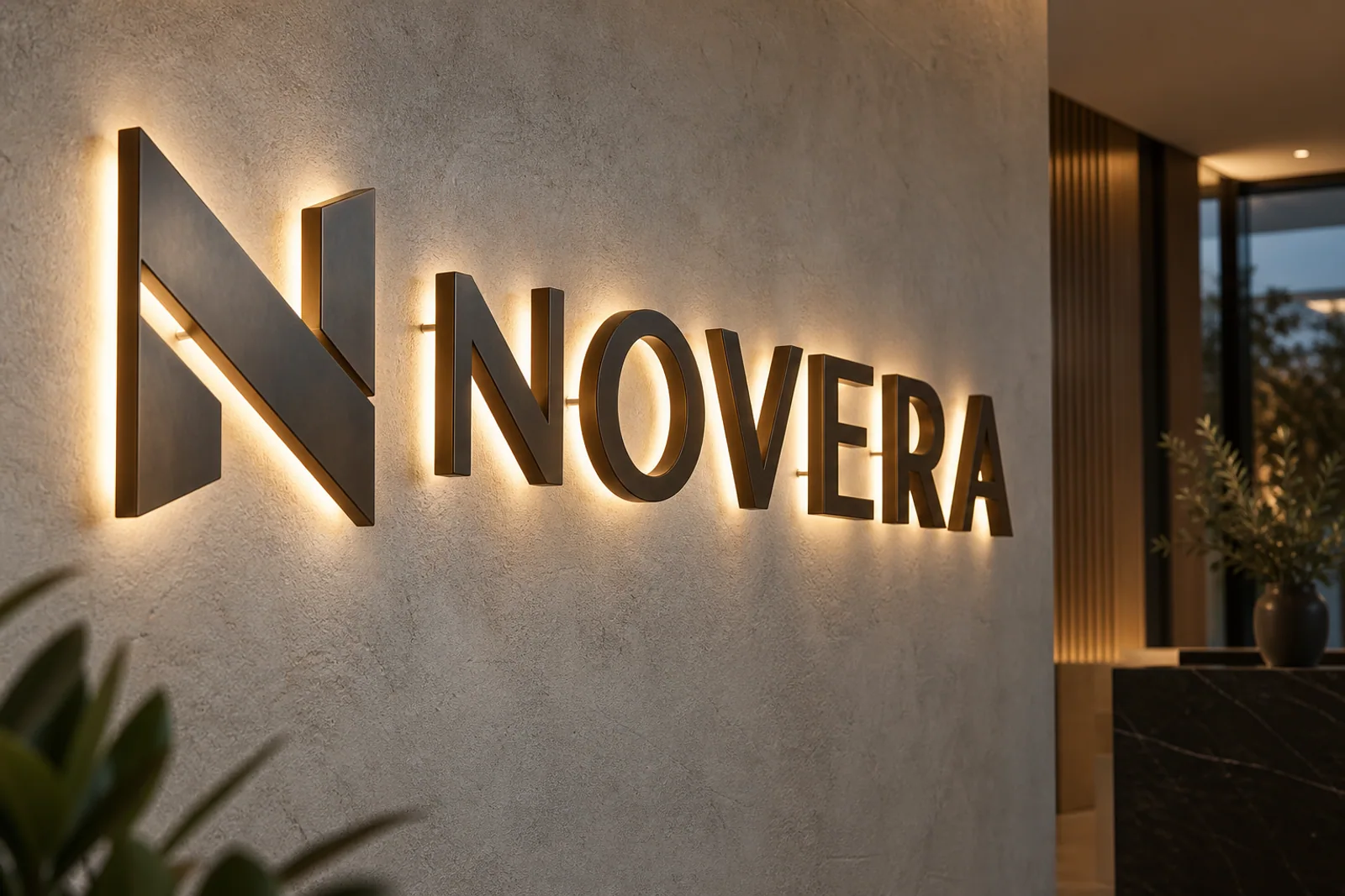 Bronzefarbene NOVERA-Buchstaben mit warmweißem rückseitigem Lichtsaum auf einer strukturierten Wand.