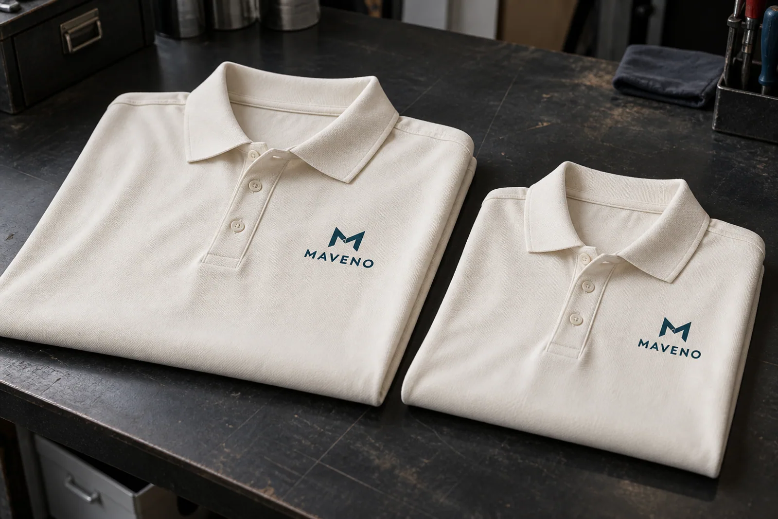 Zwei cremefarbene Poloshirts unterschiedlicher Größe mit passend platziertem petrolfarbenem MAVENO-Brustlogo.