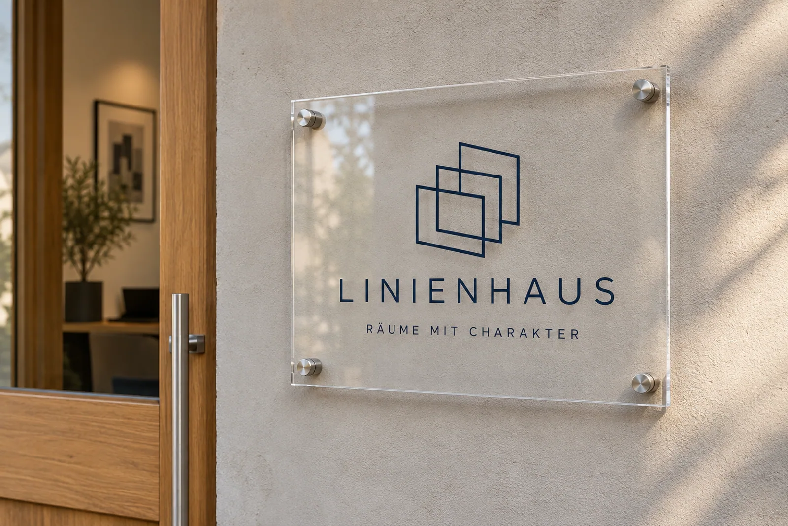 Transparentes LINIENHAUS-Acrylglasschild mit dunkelblauem Rechtecklogo und vier Edelstahl-Abstandshaltern neben einer Holztür.