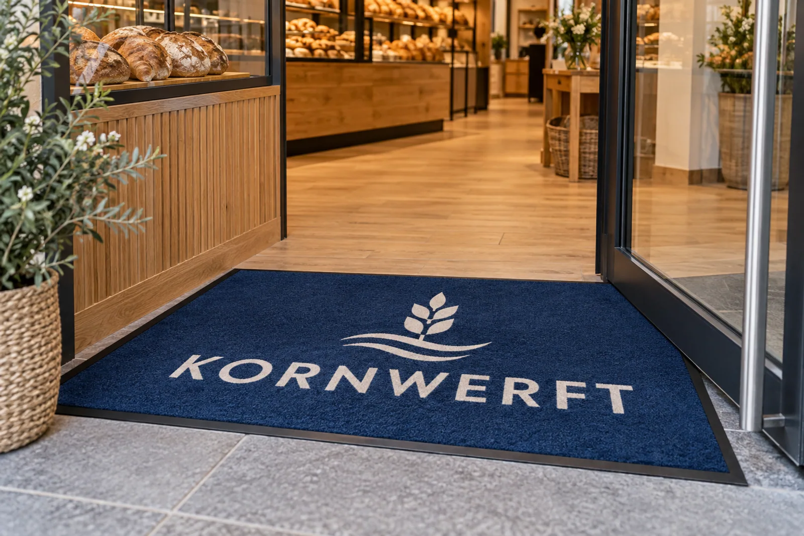 Dunkelblaue KORNWERFT-Logomatte mit Getreide- und Wellenzeichen im Eingang einer Bäckerei.