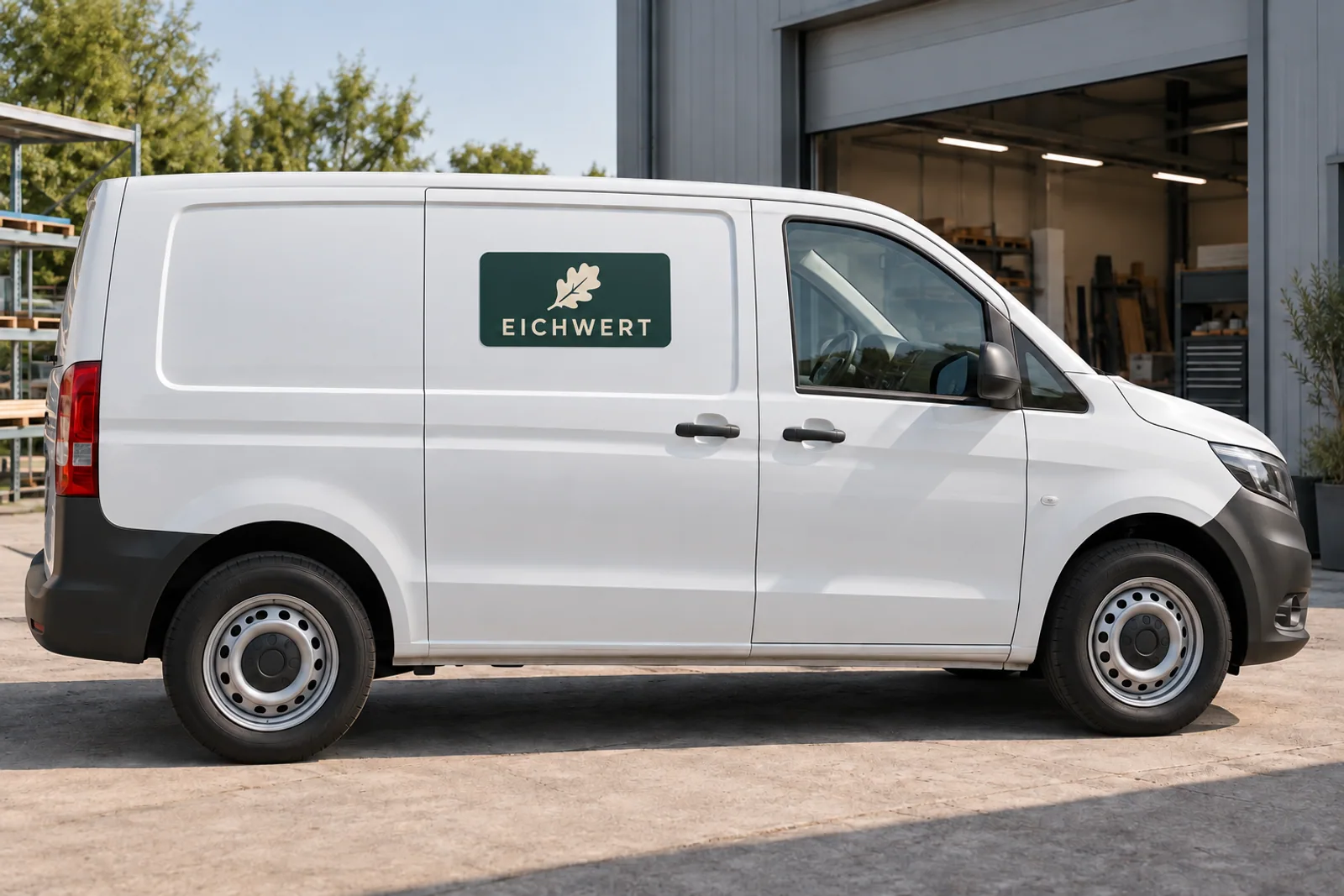 Weißer Lieferwagen mit einem dunkelgrünen EICHWERT-Magnetschild innerhalb der ebenen seitlichen Türfläche.