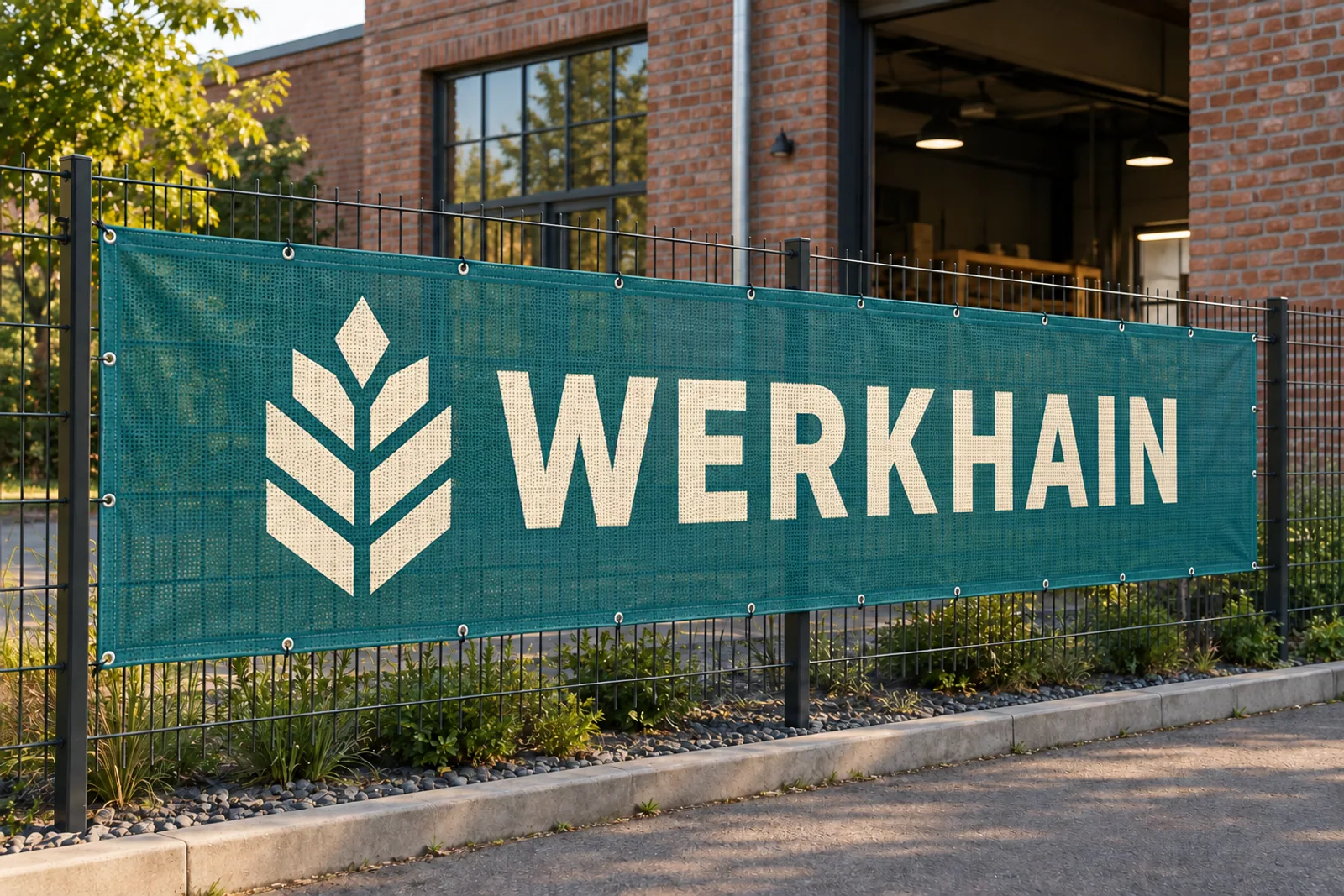 Petrolfarbenes Meshbanner mit WERKHAIN-Schriftzug und hellem Blattsignet an einem dunklen Gewerbezaun.