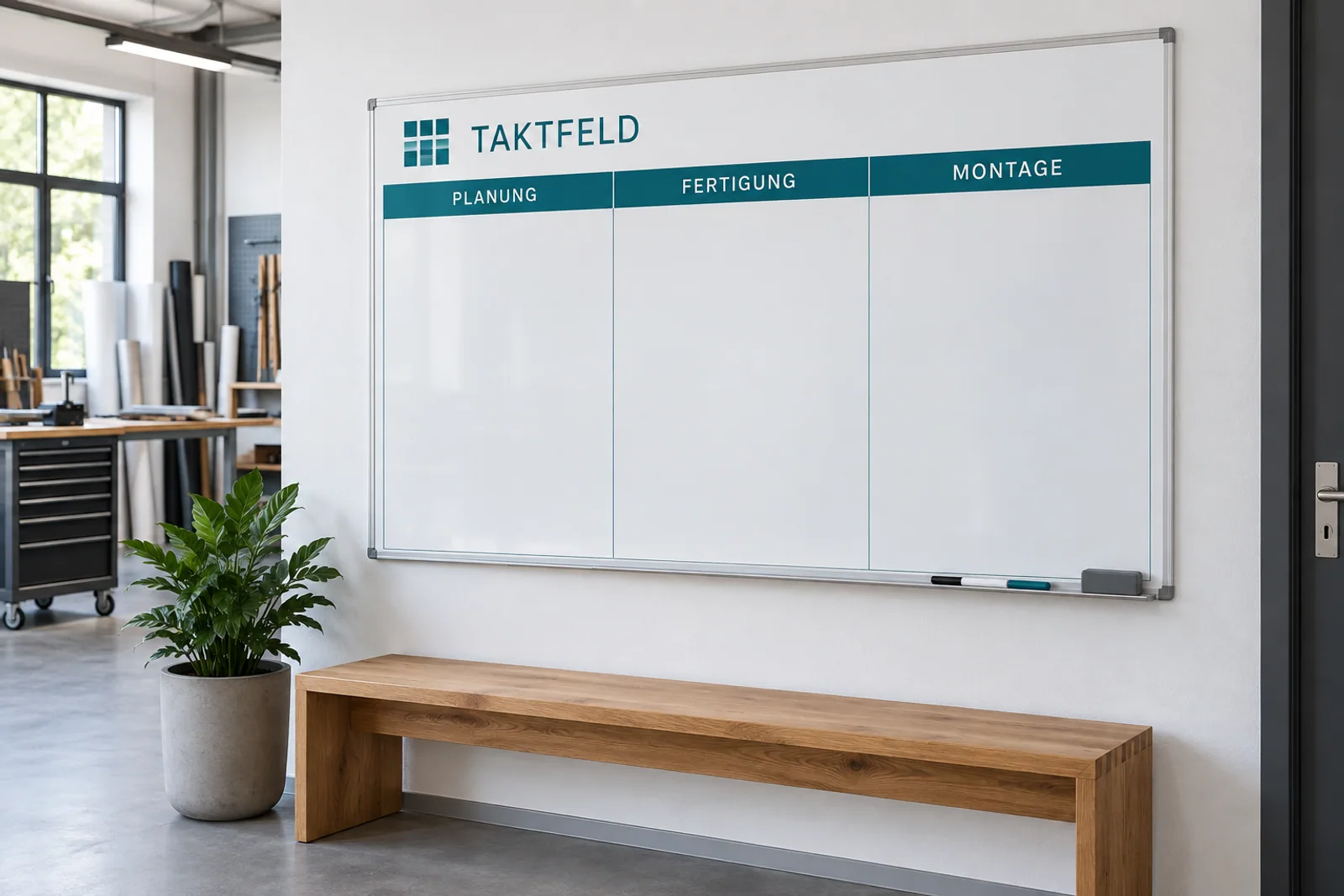 Whiteboard mit TAKTFELD-Logo und festgedruckten Spalten für Planung, Fertigung und Montage über einer Holzbank.
