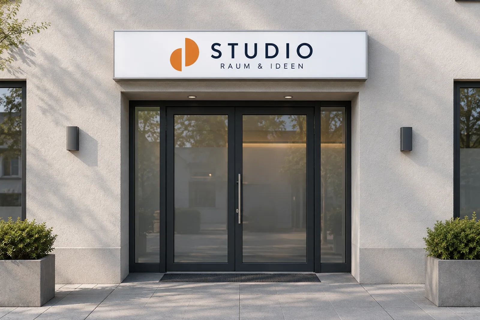 Weißer Leuchtkasten mit der Beschriftung „STUDIO – RAUM & IDEEN“ und orangefarbenem Signet über einem Eingang bei Tageslicht.