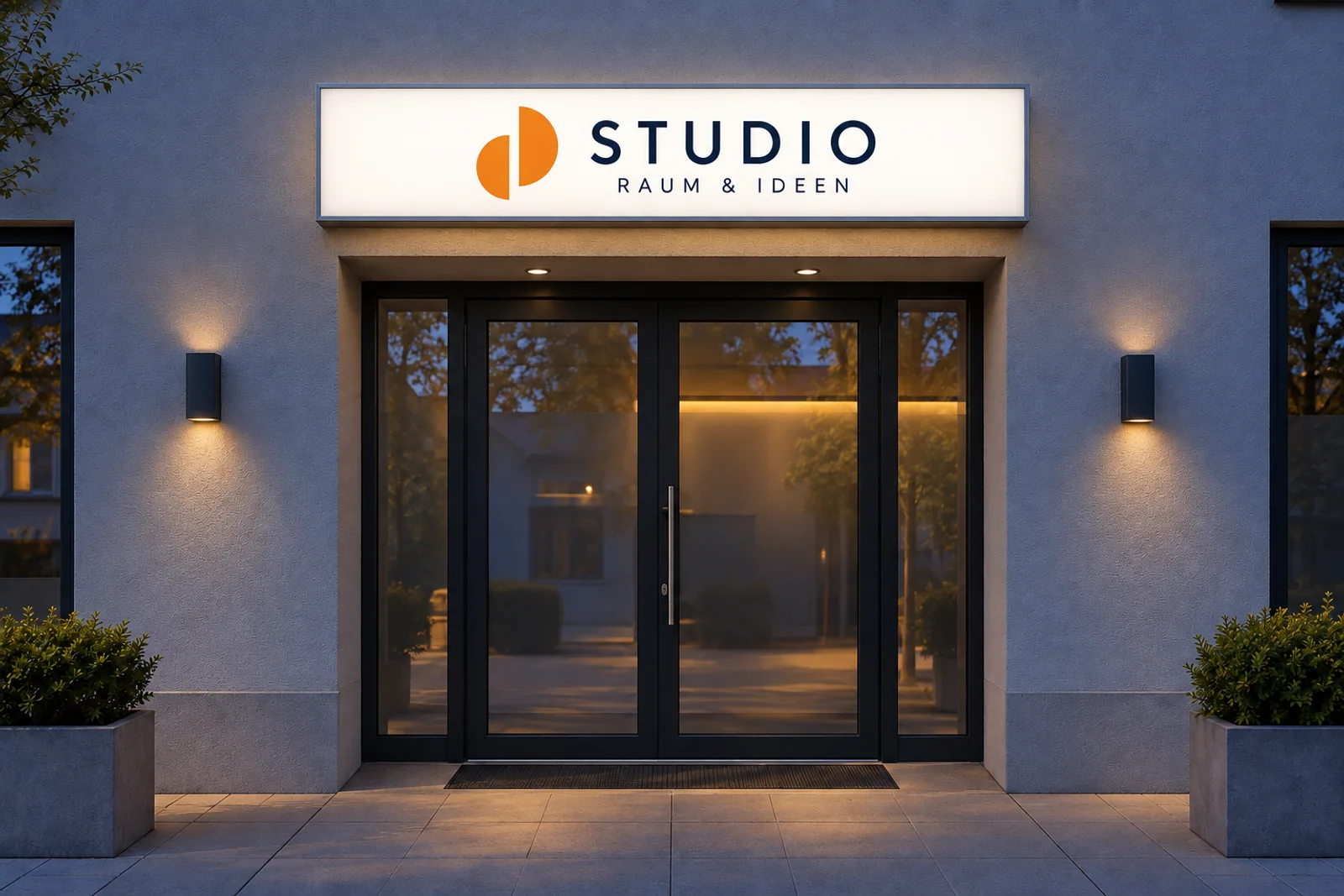 Derselbe Leuchtkasten „STUDIO – RAUM & IDEEN“ leuchtet gleichmäßig zur blauen Stunde; warmes Licht fällt auf den Eingang.