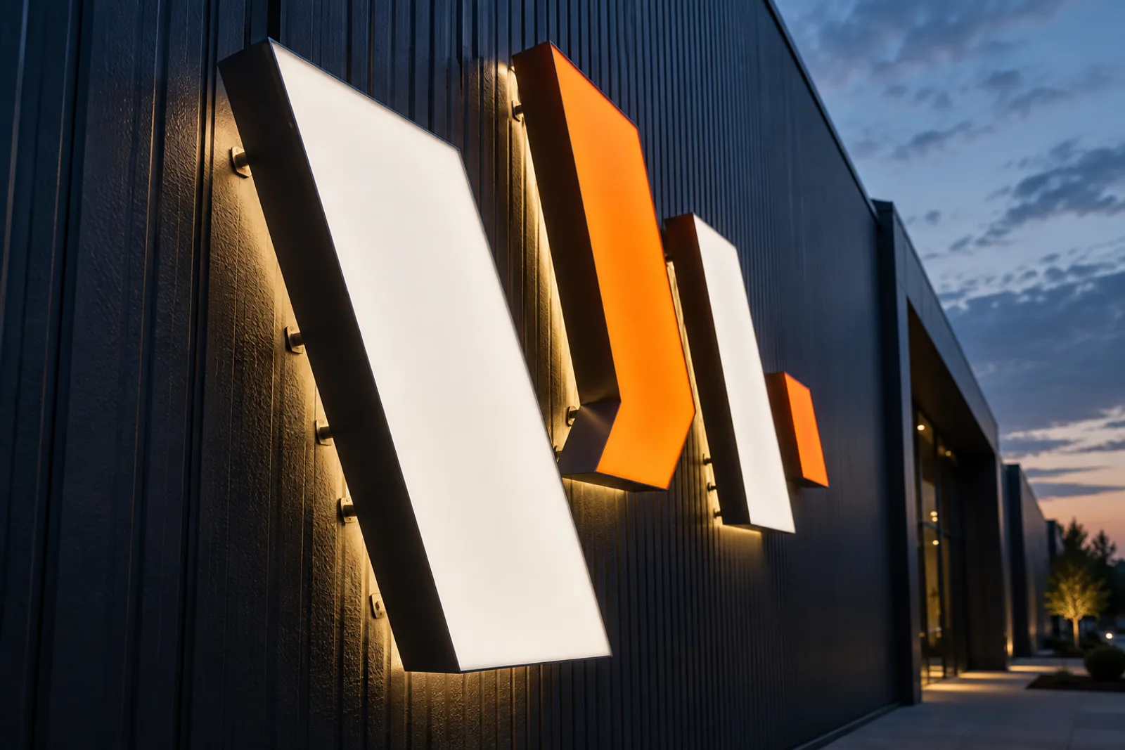 Konzept beleuchteter Profilbuchstaben an einer Fassade