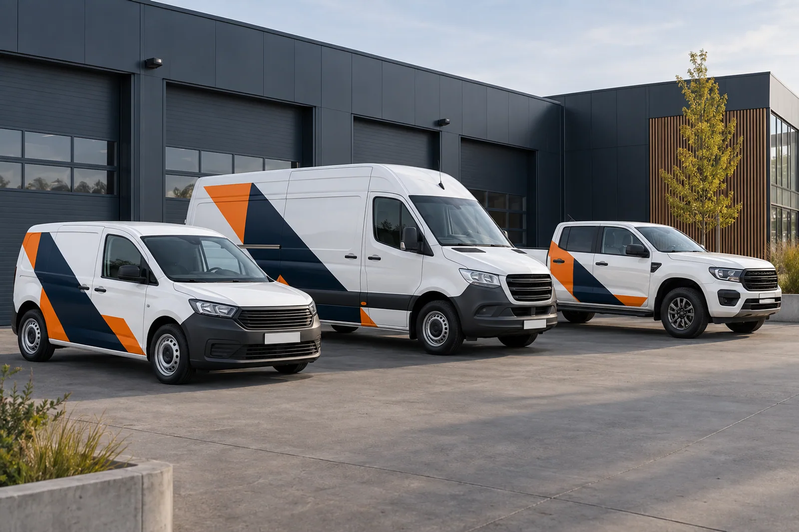 Konzeptvisualisierung: Drei unterschiedliche Nutzfahrzeuge mit abgestimmter Fahrzeugbeschriftung in Weiß, Navy und Orange.