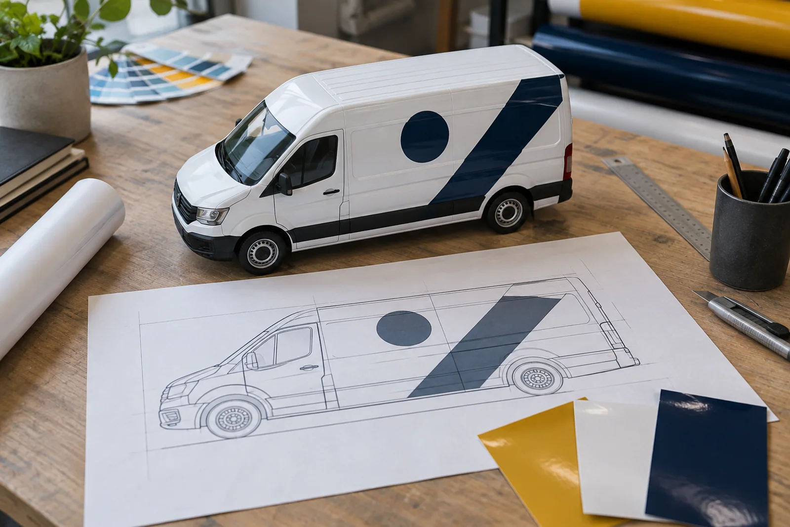 Transportermodell mit dunkelblauer Grafik, passender Seitenansicht auf Papier und Folienmustern auf einem Planungstisch.