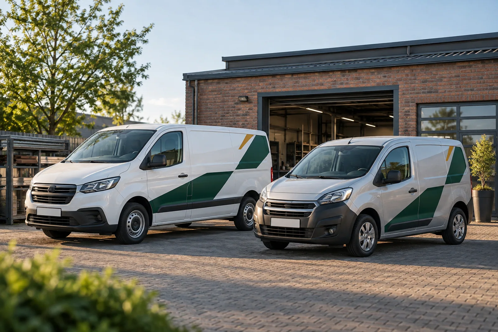 Zwei unterschiedlich große Transporter mit grünen Folienflächen und ockerfarbenen Akzenten vor einer Backsteinwerkstatt.