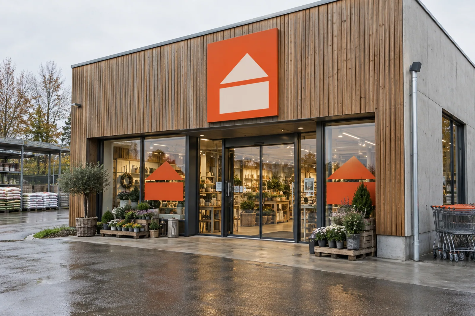 Fachmarkteingang mit Holzfassade, orangefarbenem Fassadenschild und abgestimmten Grafiken auf der Glasfront.