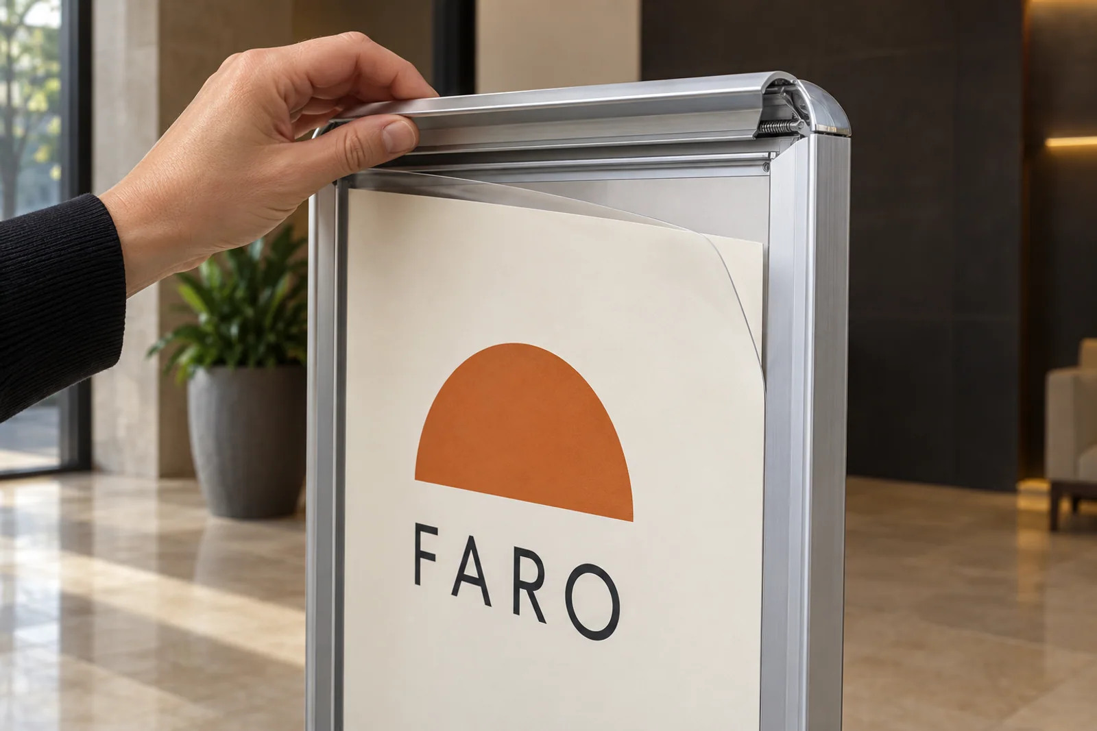 Eine Hand öffnet die obere Klappleiste eines silbernen Aufstellers, um ein FARO-Plakat unter der Schutzfolie zu wechseln.