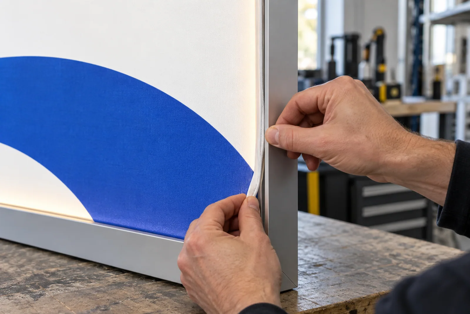 Zwei Hände drücken den Keder einer blau-weiß bedruckten Textilgrafik in das Aluminiumprofil einer LED-Textilwand.