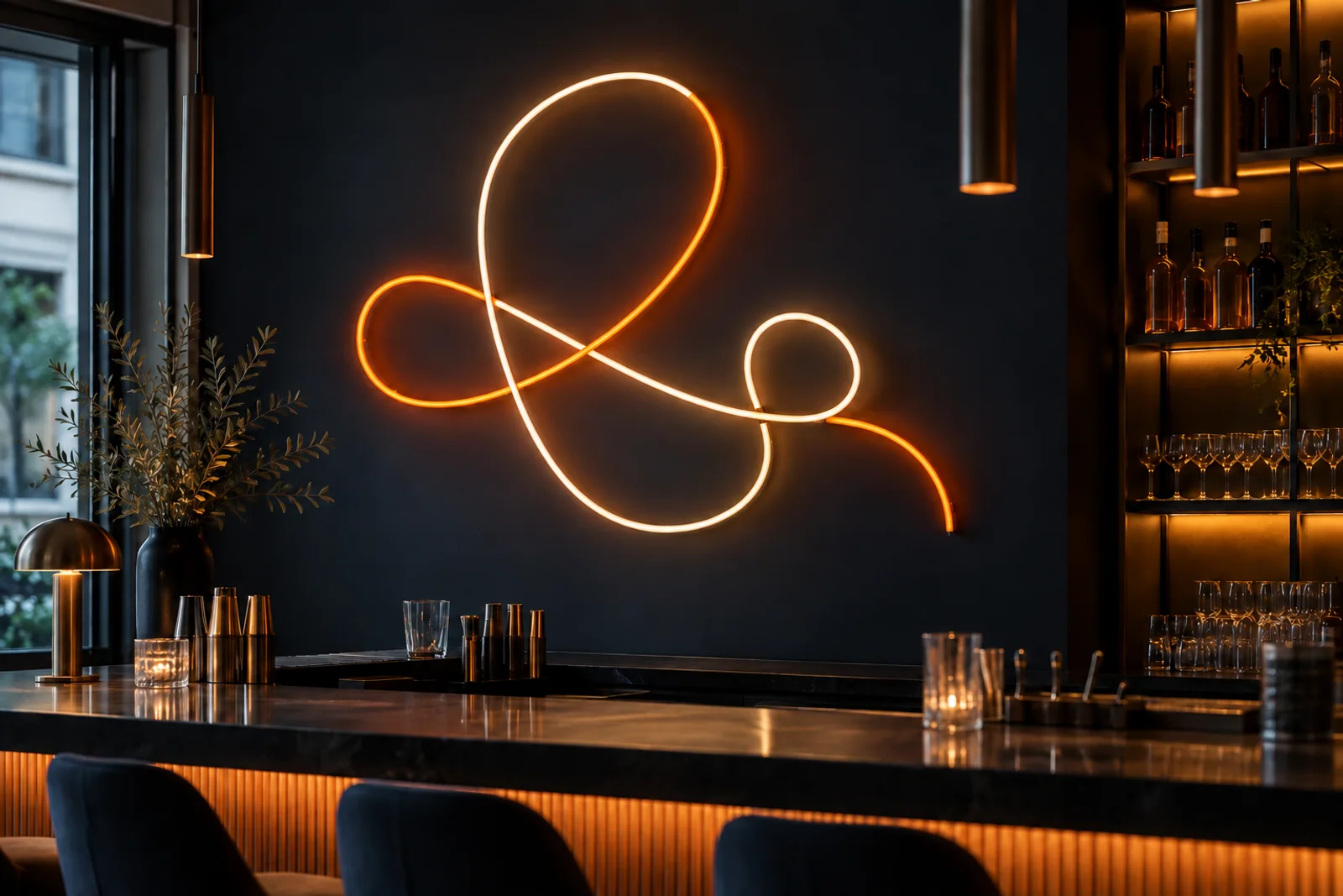 Konzeptvisualisierung: Abstrakte LED-Neon-Linie in Warmweiß und Orange an einer dunklen Barwand.