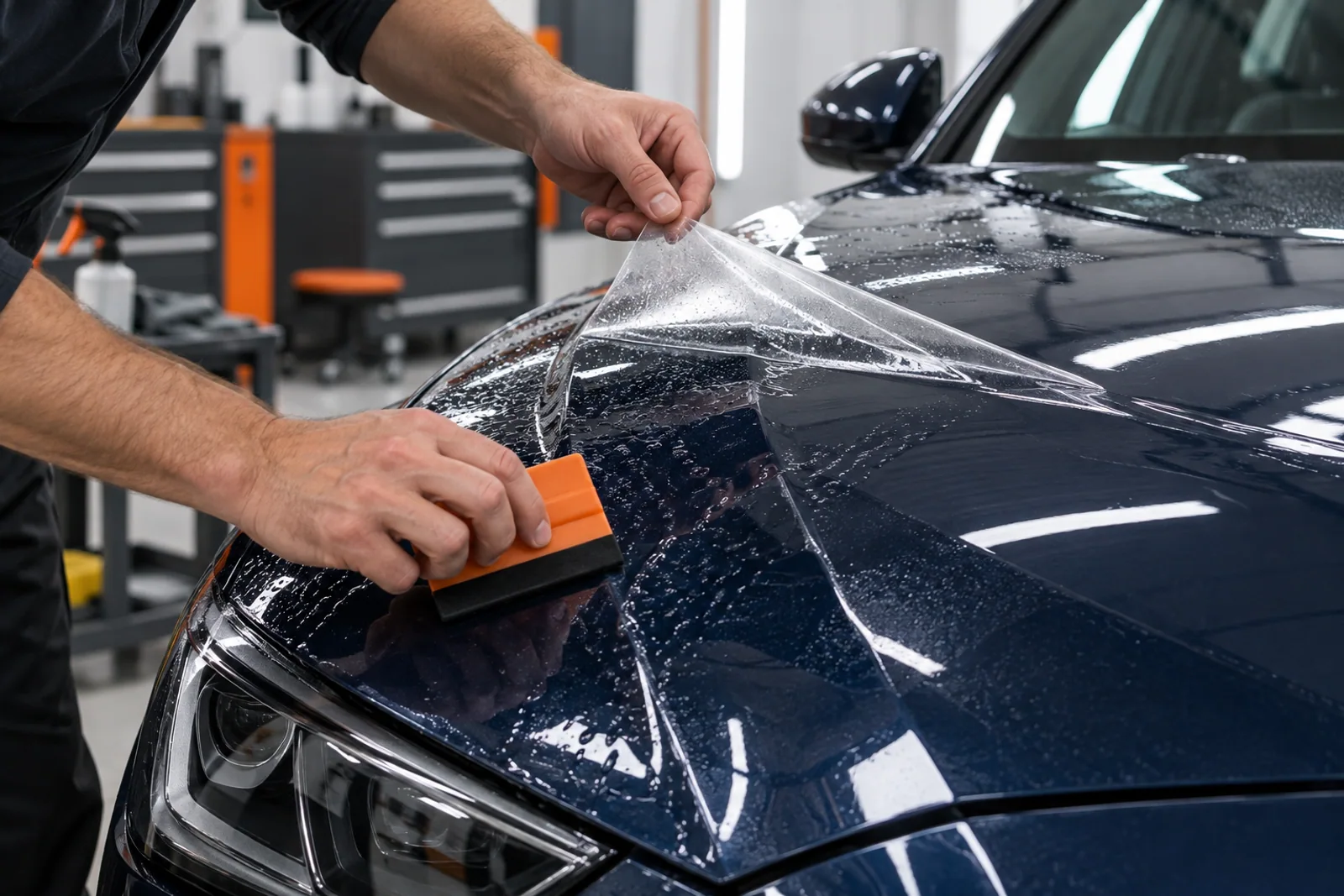 Konzeptvisualisierung: Transparente Lackschutzfolie wird mit einer Rakel auf eine dunkelblaue Motorhaube aufgebracht.