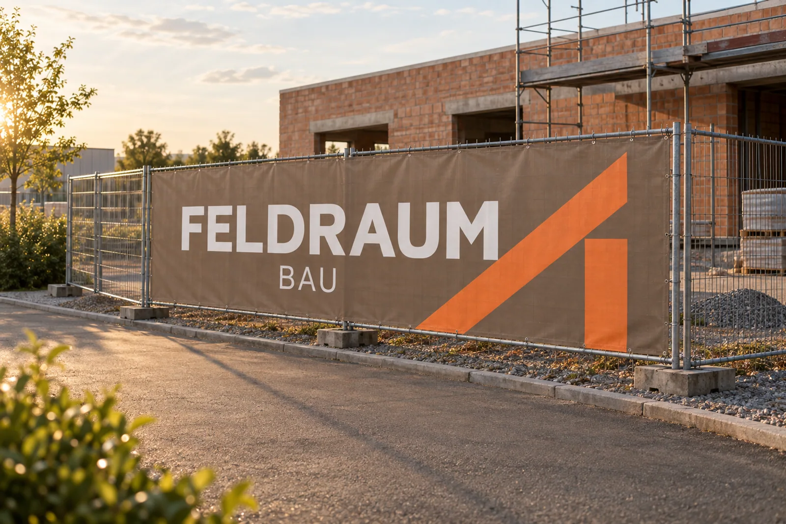 Taupefarbenes Bauzaunbanner „FELDRAUM BAU“ mit großem orangefarbenem Winkelsignet vor einem Ziegelrohbau in warmem Abendlicht.