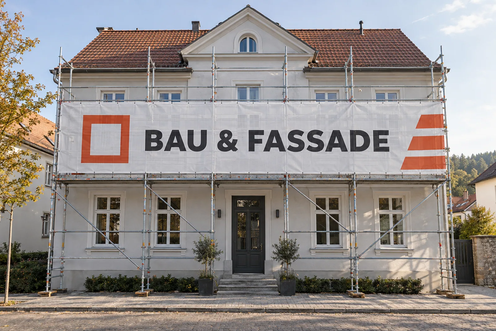 Weißes Mesh-Gerüstbanner mit orangefarbenem Zeichen und der Aufschrift BAU & FASSADE vor einem hellen Gebäude mit Ziegeldach.