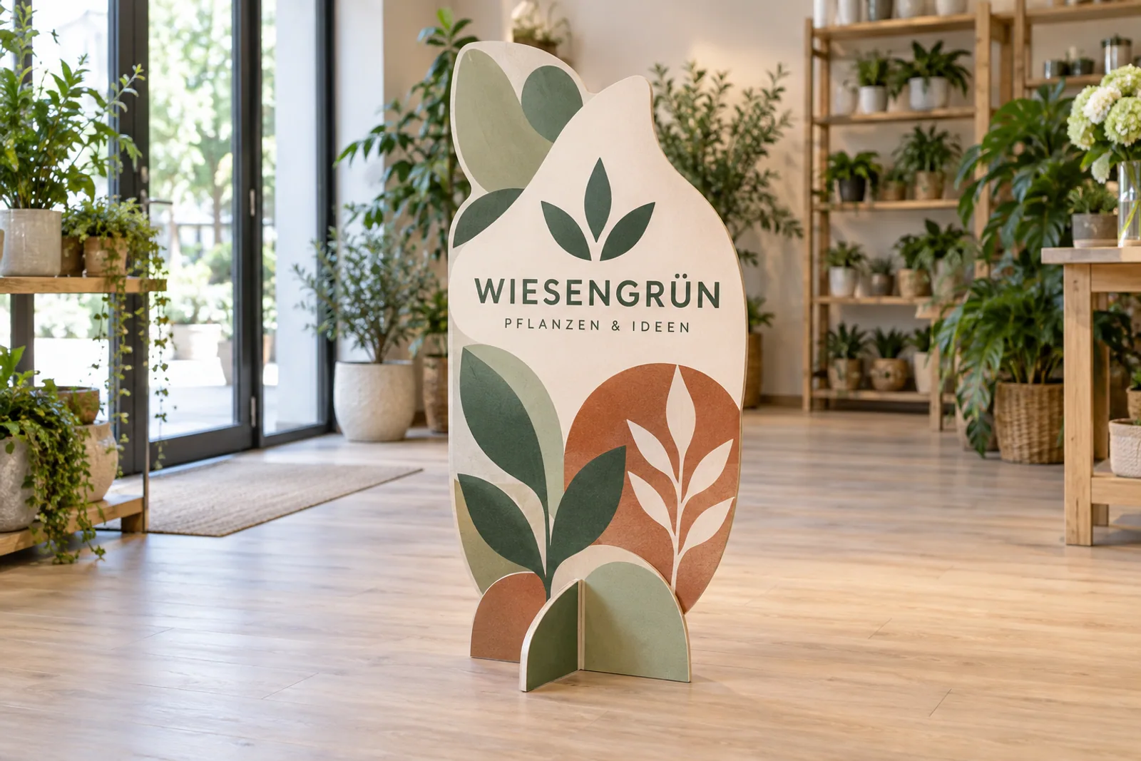Ein konturgeschnittener WIESENGRÜN-Aufsteller mit Blattgrafik und gestecktem Standfuß steht im Eingang eines Pflanzengeschäfts.