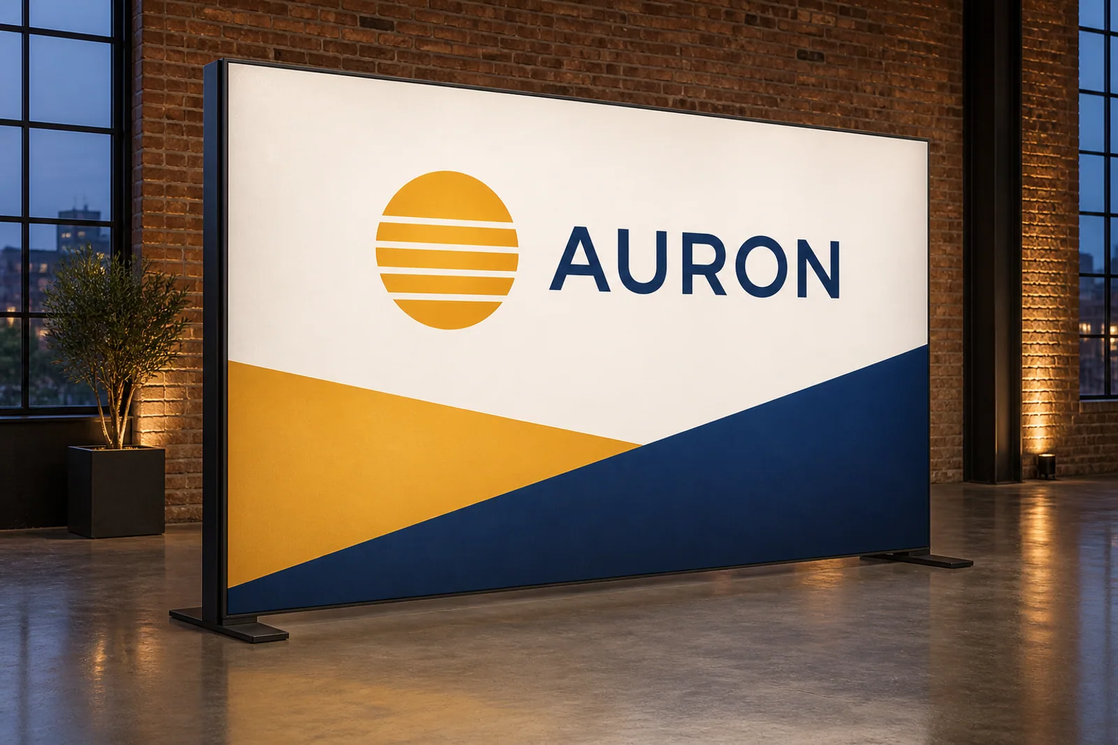Eine breite LED-Textilwand mit AURON-Schriftzug und gelb-blauer Grafik leuchtet in einem Raum mit Backsteinwänden.