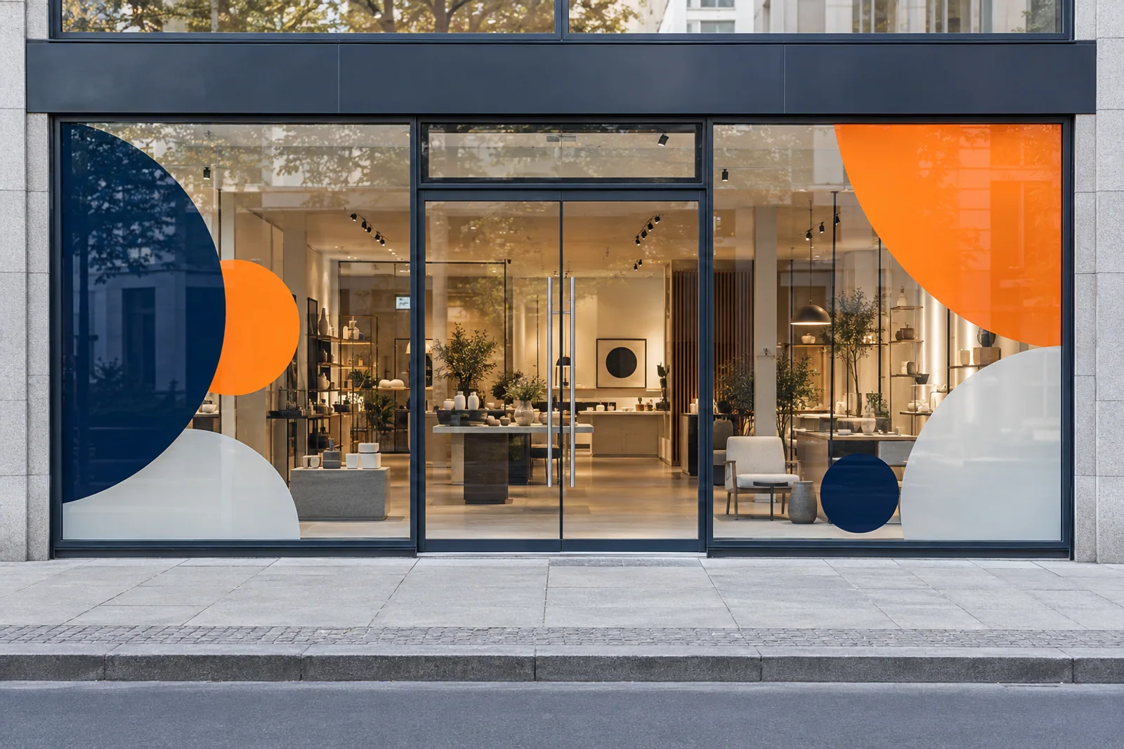 Konzeptvisualisierung: Schaufenster mit großflächiger geometrischer Foliengestaltung und transparenten Sichtbereichen.