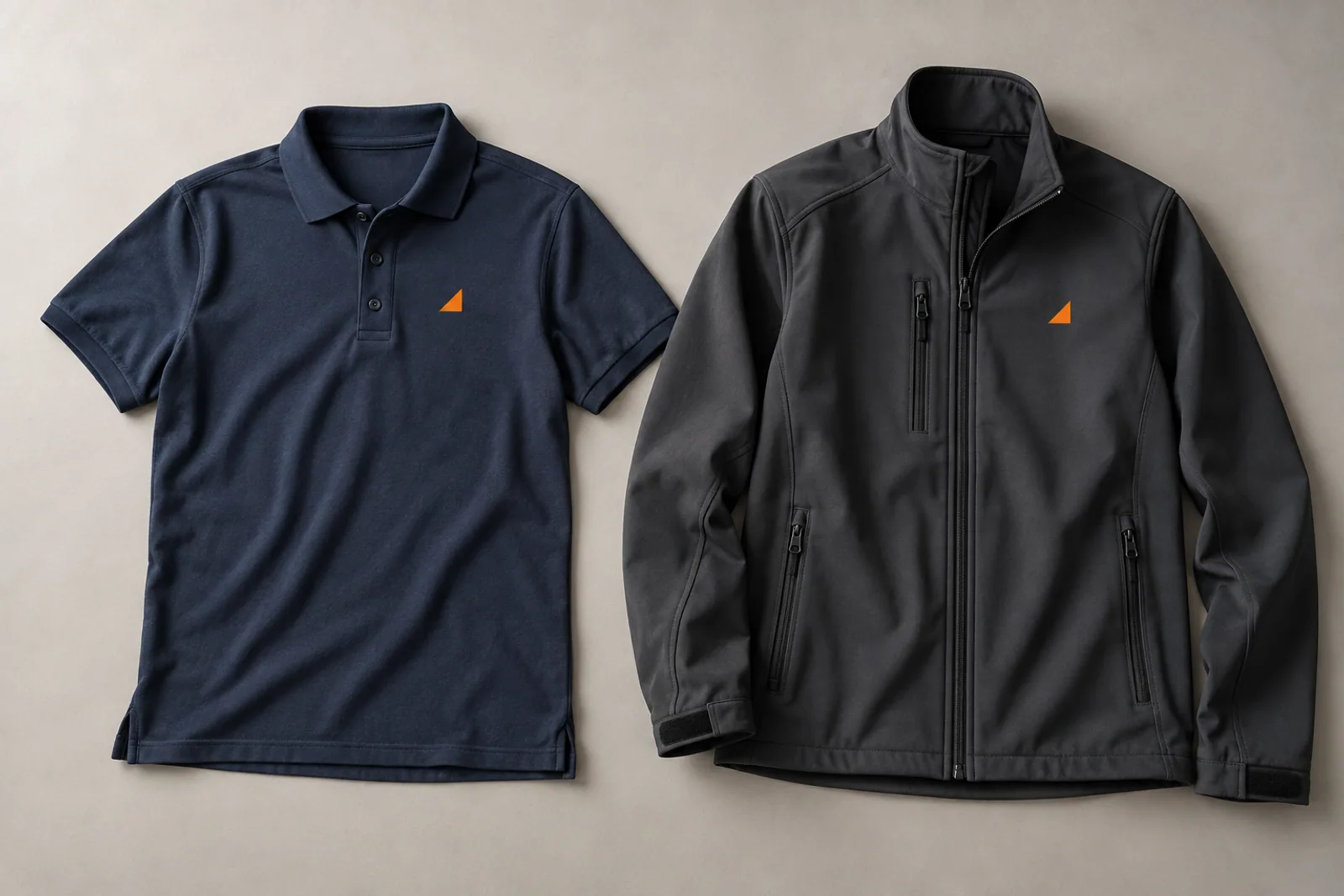 Konzeptvisualisierung: Navy-Poloshirt und dunkle Arbeitsjacke mit dezentem orangefarbenem Brustsignet.