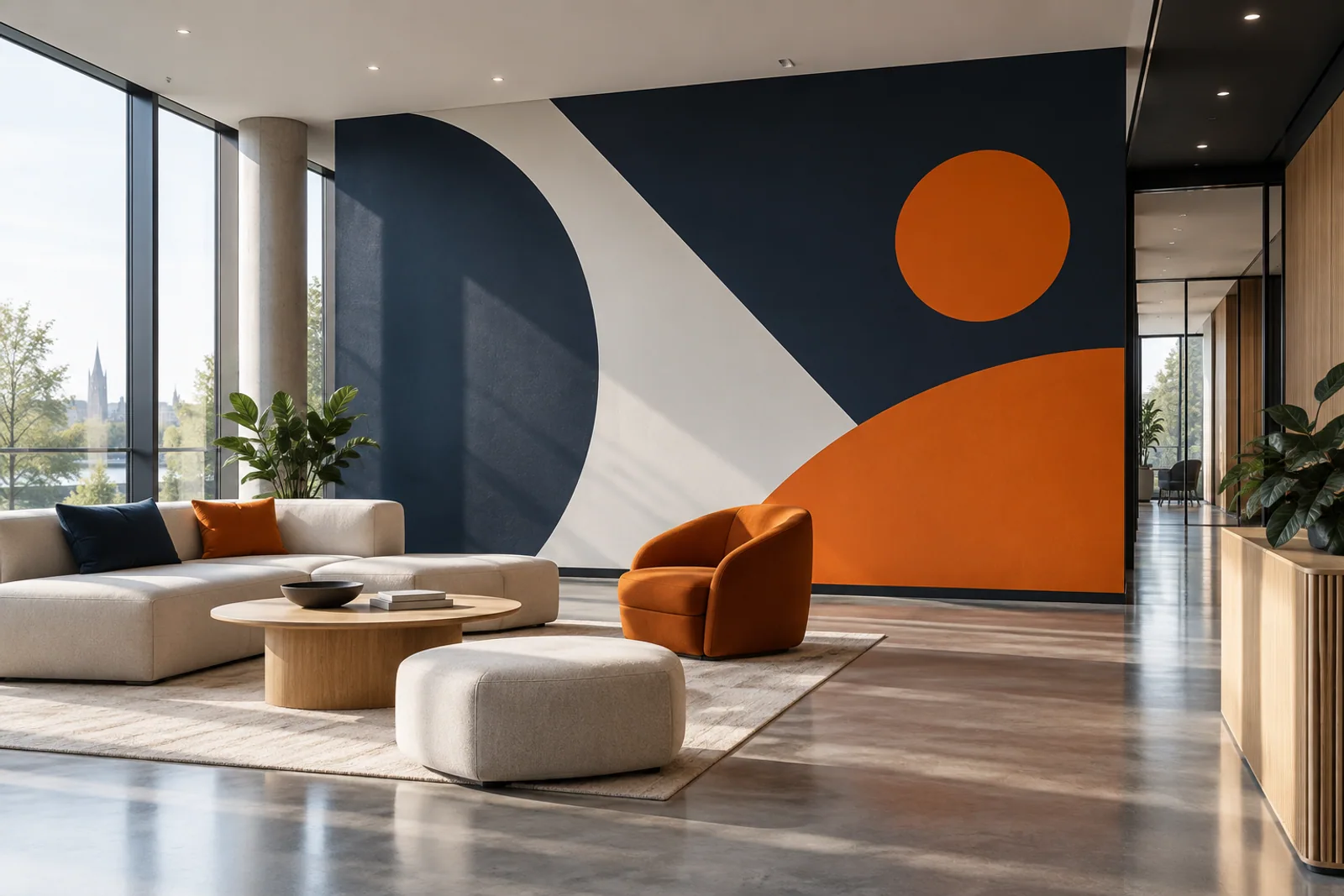 Konzeptvisualisierung: Großformatige geometrische Wandgestaltung in Navy, Weiß und Orange in einer modernen Lounge.
