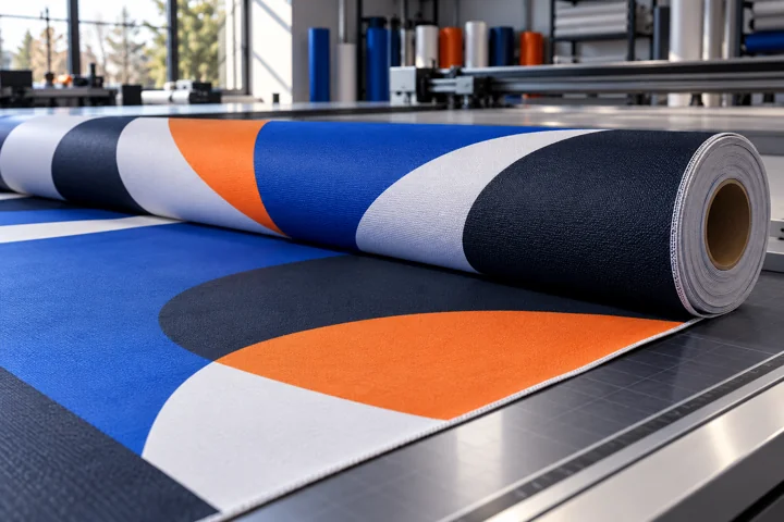 Visualisierung bedruckter Banner und Materialien in kräftigen Blau- und Orangetönen