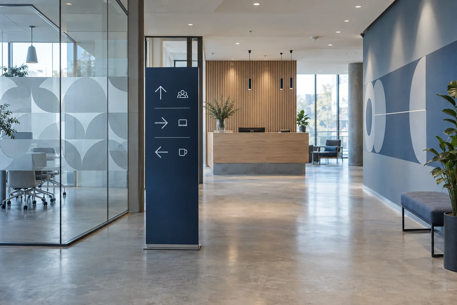 Bürofoyer mit blauer Orientierungsstele, gemusterten Sichtschutzfolien und abgestimmter Wandgrafik.