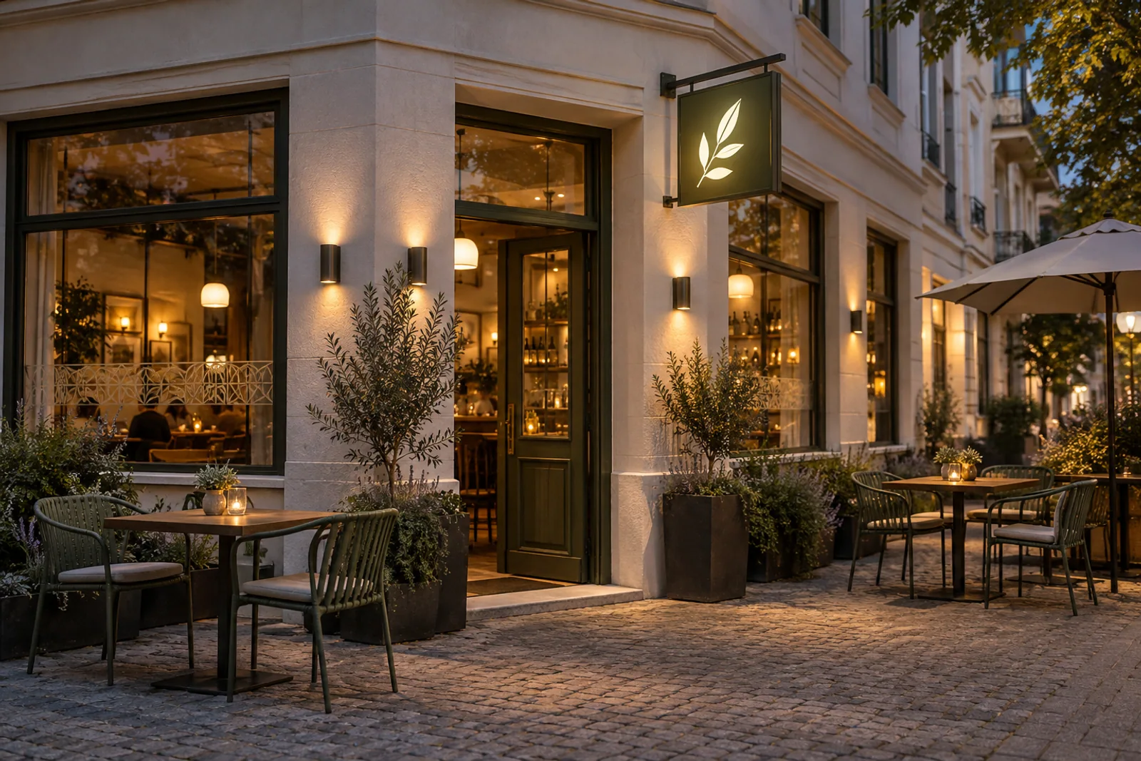 Restaurantterrasse mit beleuchtetem Blattsignet am Ausleger und dekorativem Folienband auf den Fenstern.