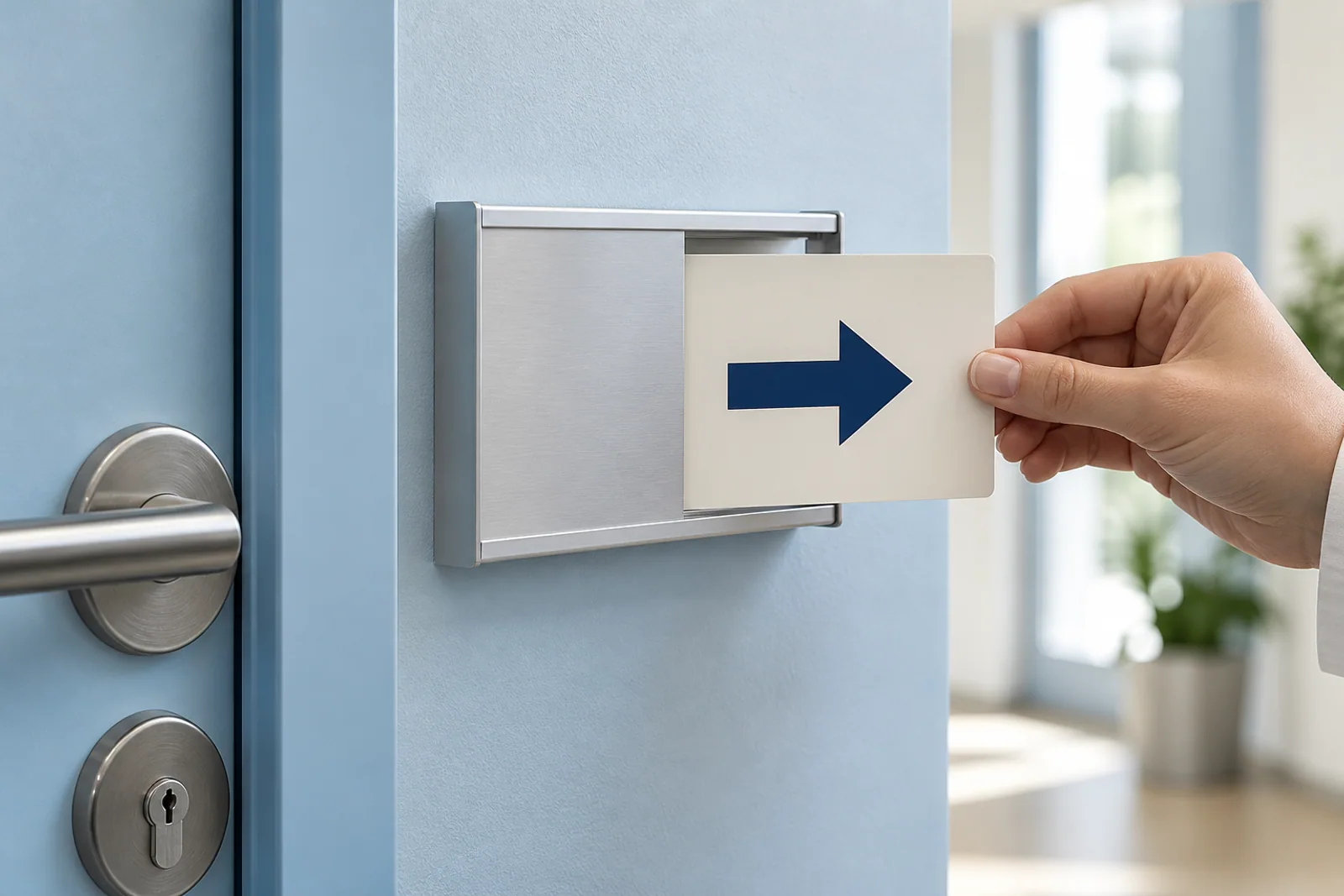 Eine Hand schiebt eine Pfeiltafel in das Aluminiumprofil eines austauschbaren Türschilds.