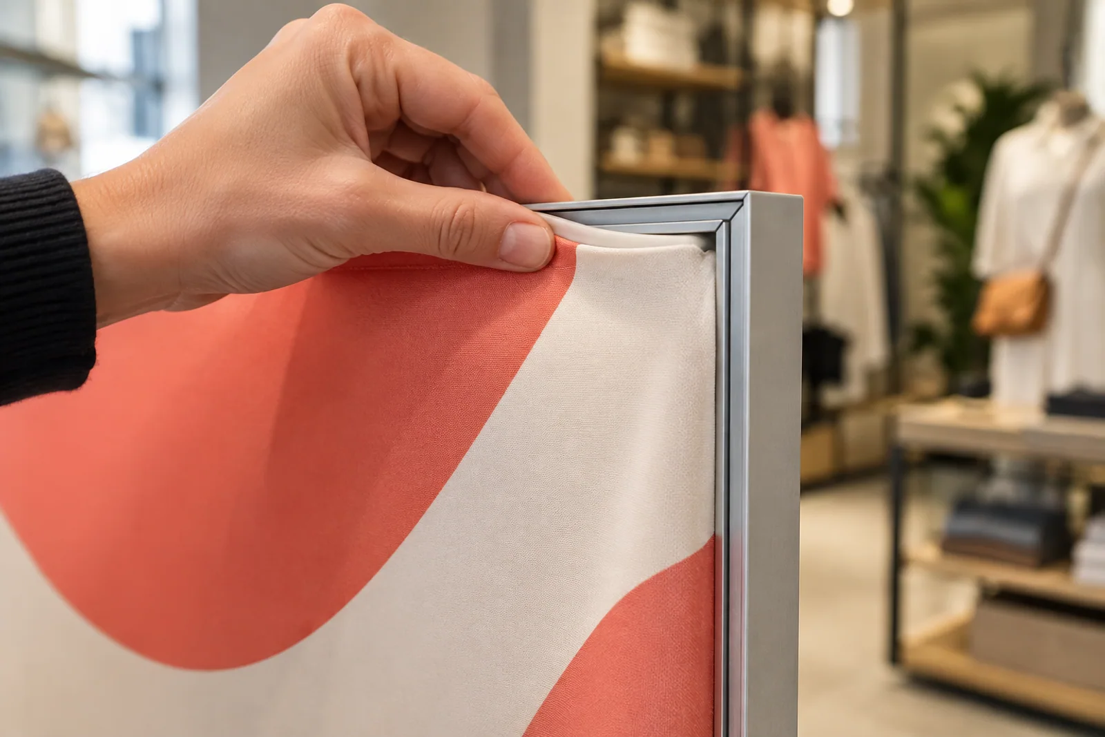 Eine Hand setzt den weißen Keder eines bedruckten Textils an der Ecke in einen Aluminium-Spannrahmen ein.