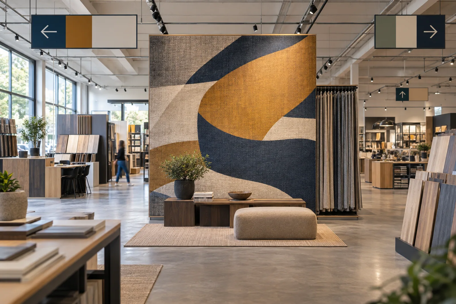 Einrichtungsgeschäft mit großem geometrischem Textilmotiv und abgehängten Wegweisern zwischen Materialpräsentationen.