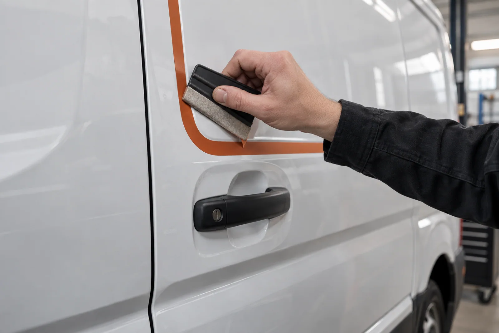 Eine Hand drückt einen orangefarbenen Folienstreifen mit einer Filzrakel auf die Tür eines weißen Transporters.