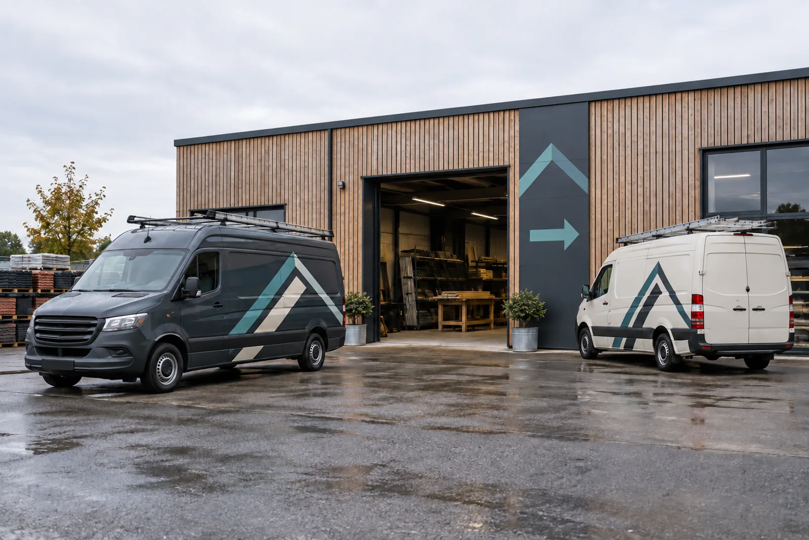 Zwei Transporter mit abgestimmten türkisfarbenen Foliengrafiken vor einer holzverkleideten Werkstatthalle.