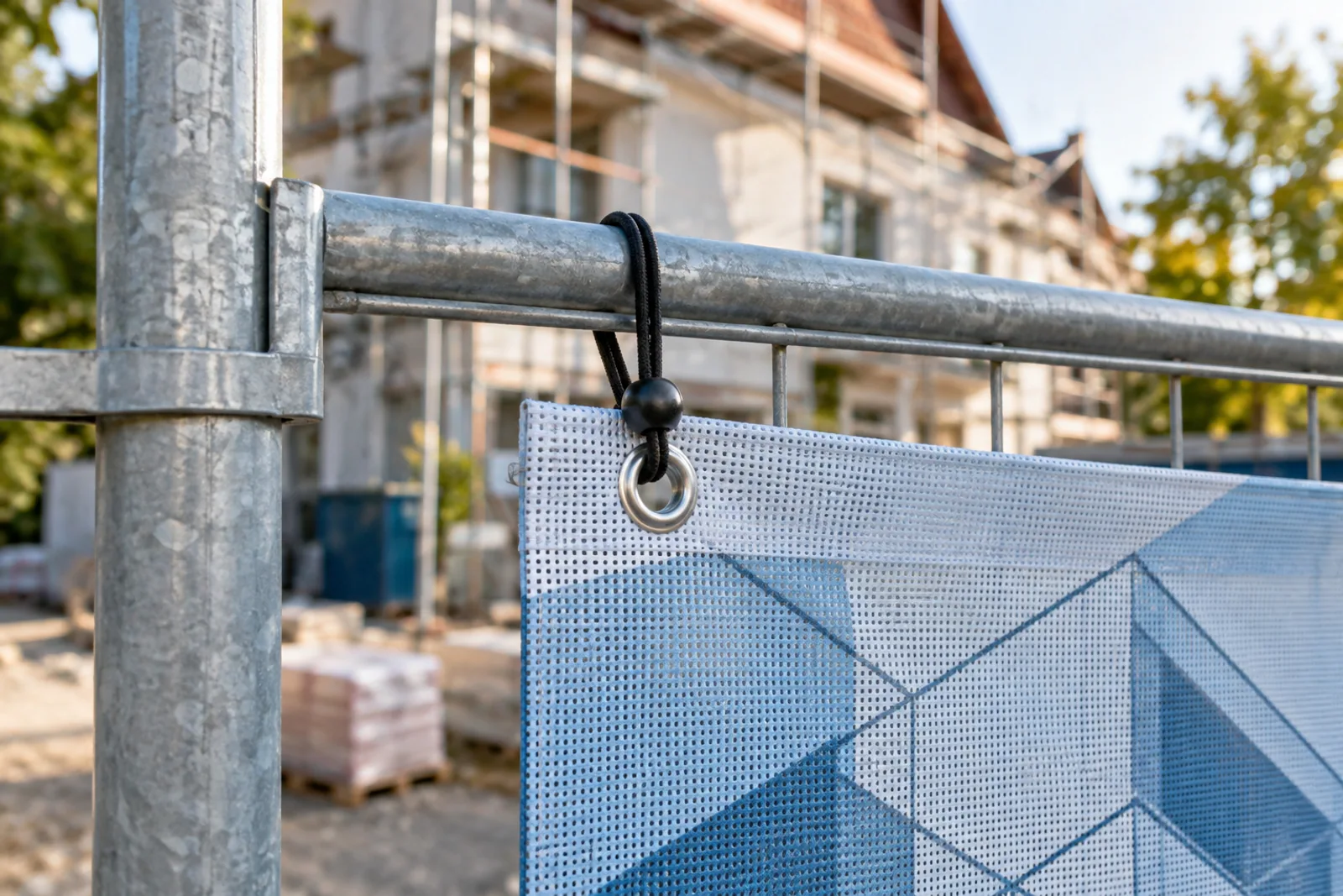 Öse und elastische Spannschlaufe eines bedruckten Meshbanners an einem verzinkten Bauzaun.