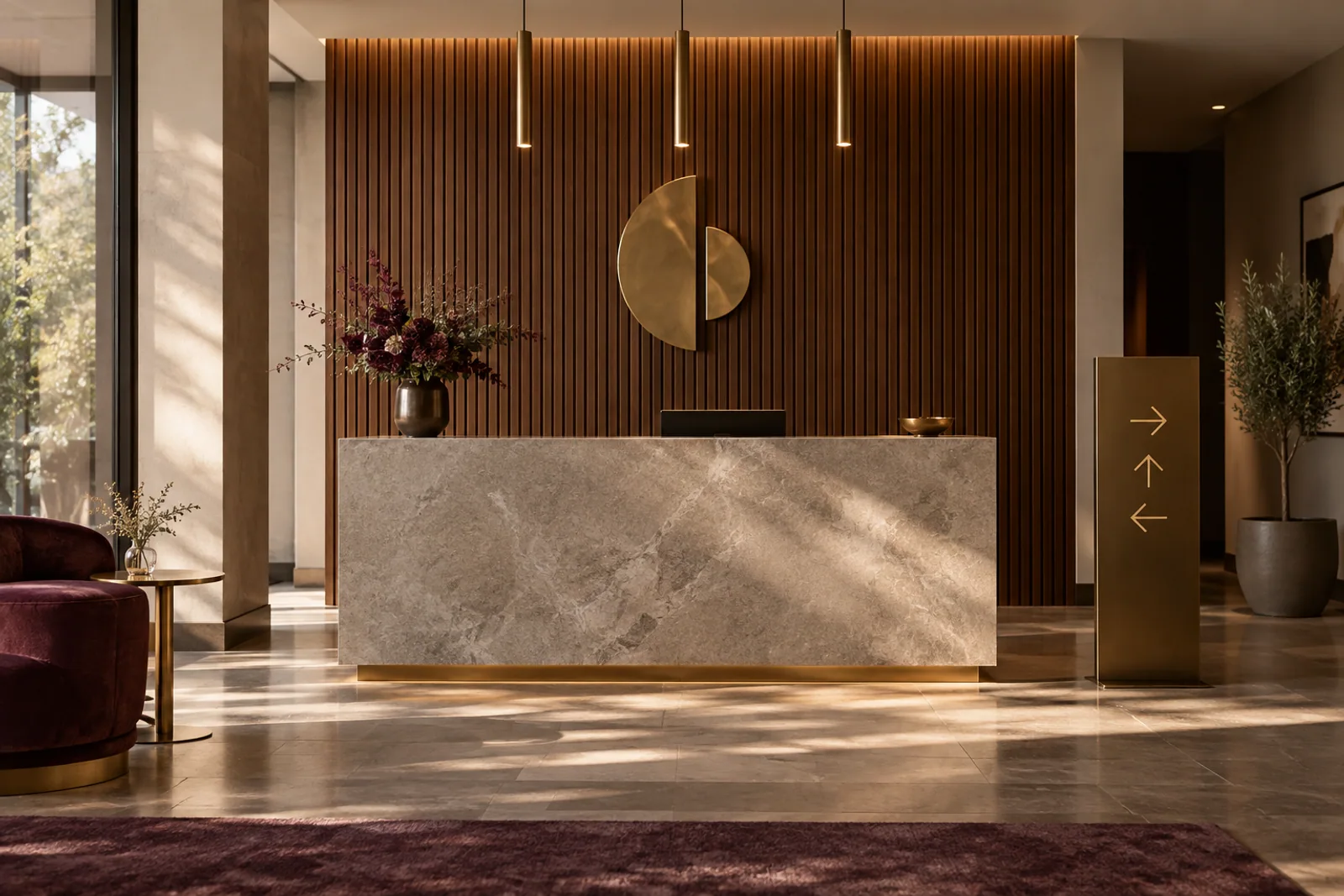 Hotelrezeption mit Steinthekenfront, Holzlamellen, messingfarbenem Wandsignet und freistehender Pfeilbeschilderung.