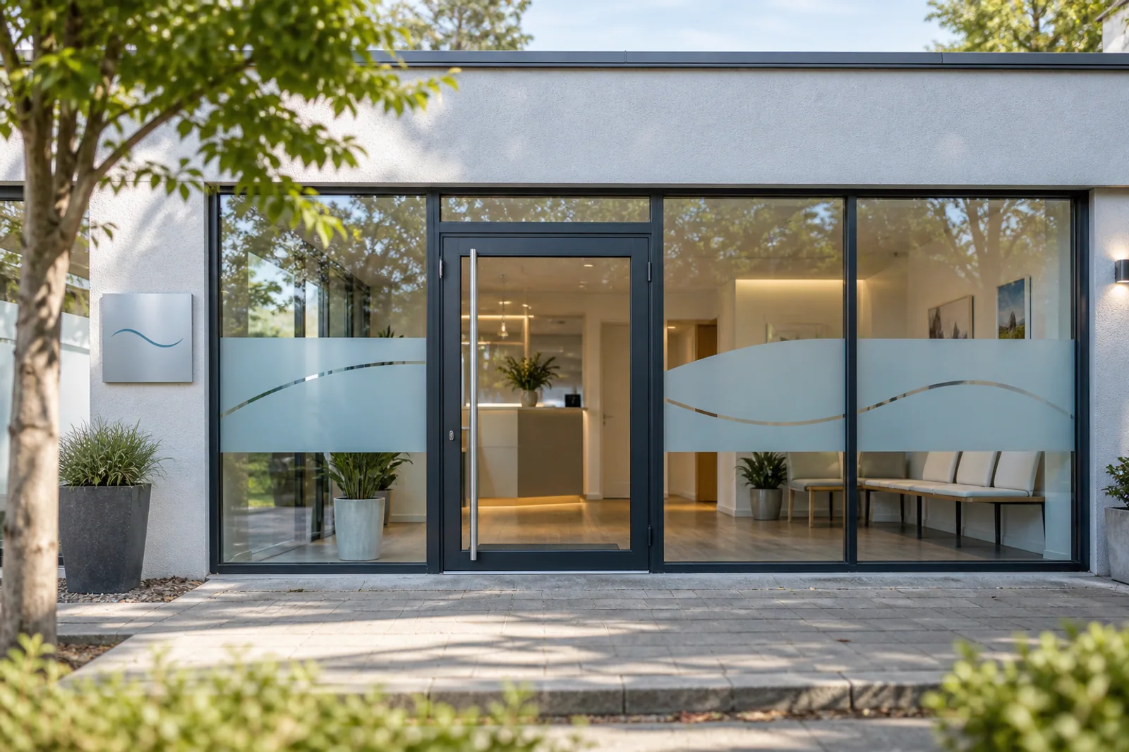 Glasfront einer Praxis mit hellblauen Sichtschutzflächen und einem abgestimmten Wandschild am Eingang.