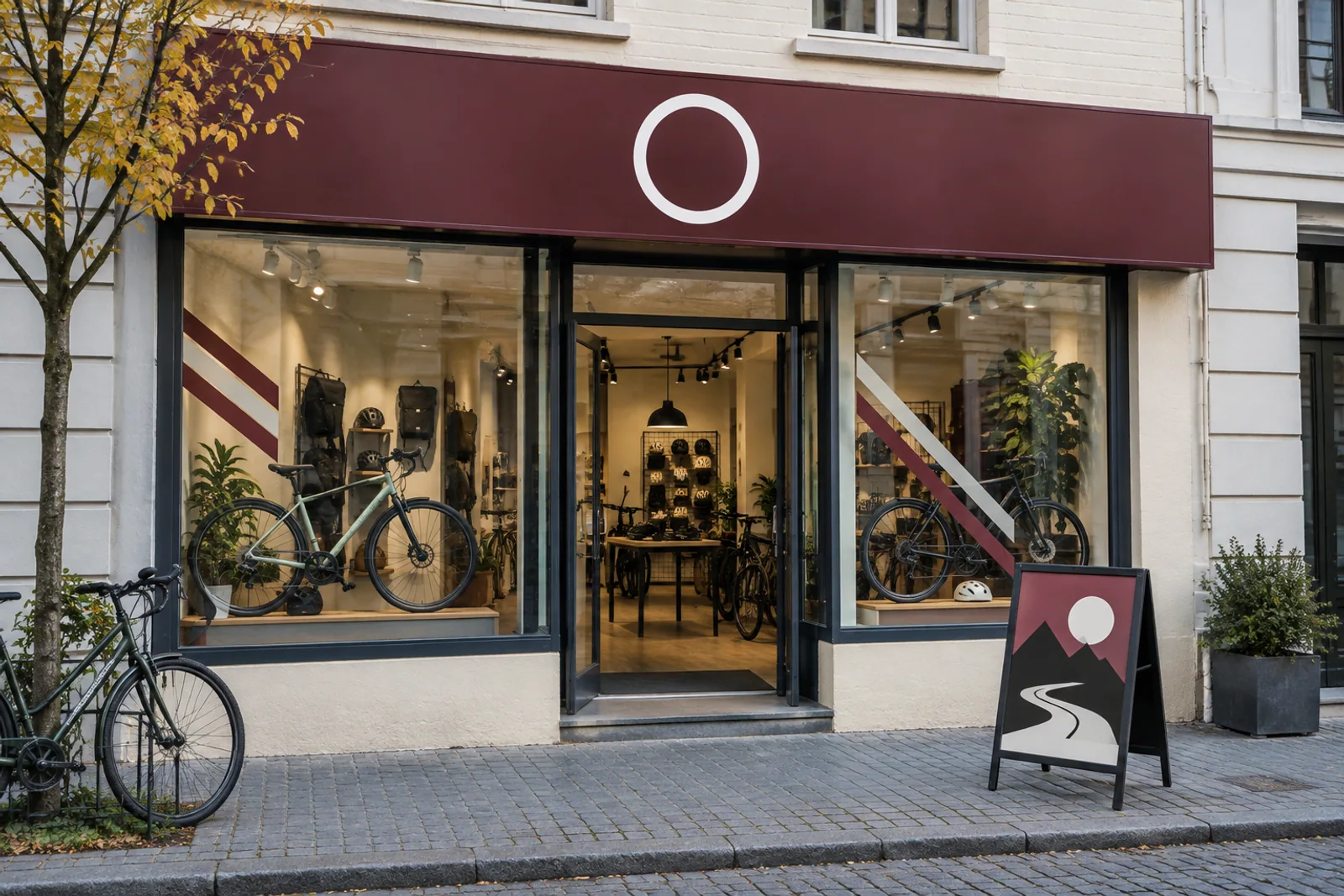Fahrradgeschäft mit bordeauxfarbenem Fassadenband, abgestimmten Fensterstreifen und einem gestalteten Kundenstopper.
