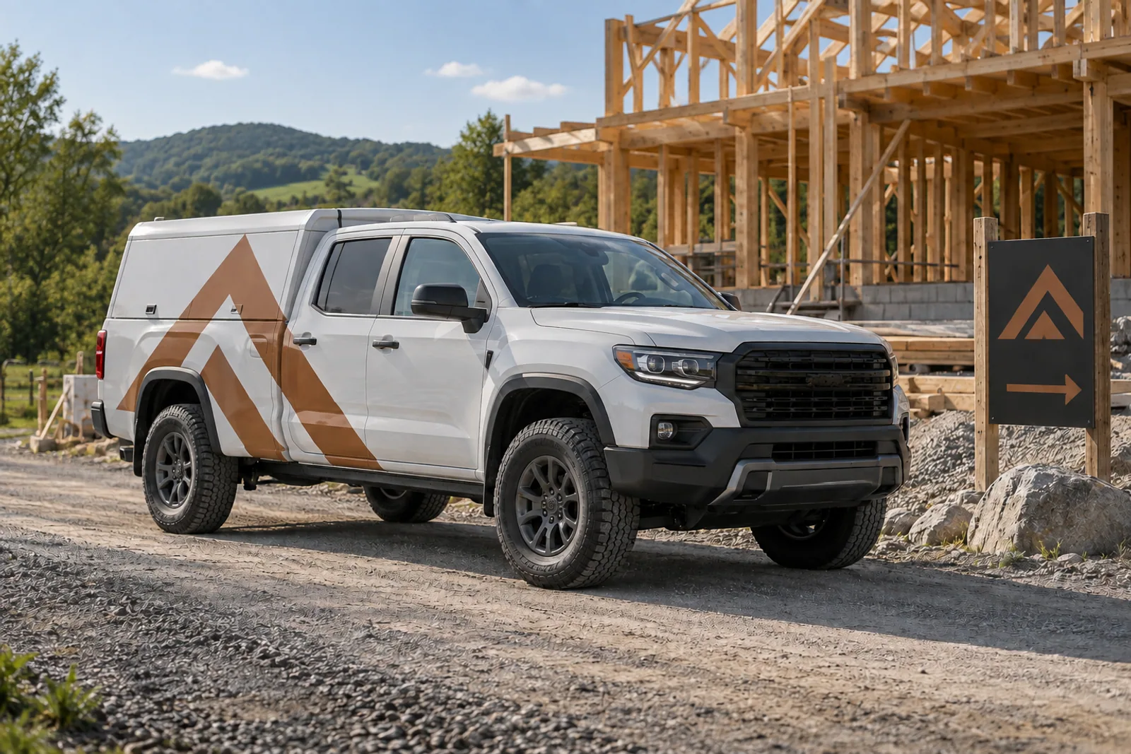 Weißer Pickup mit kupferfarbener Grafik und passendem Baustellenschild vor einem Holzrohbau.