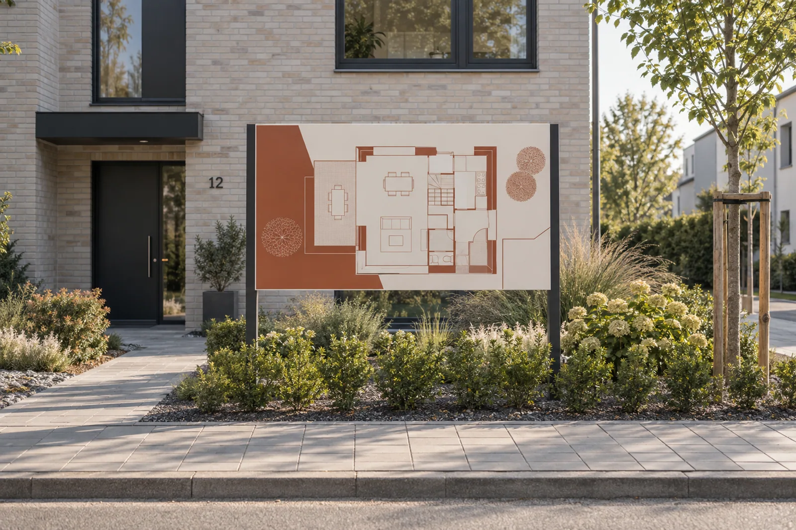 Freistehendes Immobilien-Schild mit terrakottafarbenem Grundrissmotiv vor einem hellen Wohngebäude.