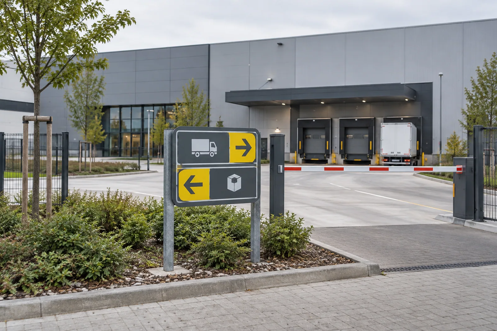 Gelb-grauer Wegweiser mit Lieferpiktogrammen vor der Zufahrt zu einem Logistikgebäude.
